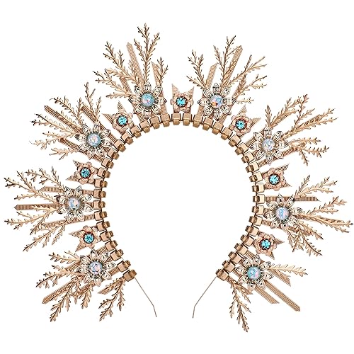 Miniatura 7 de Diadema de corona de halo con hojas doradas, diadema de diosa con cremallera, diadema de princesa del bosque para mujer, tiara de boda bohemia,