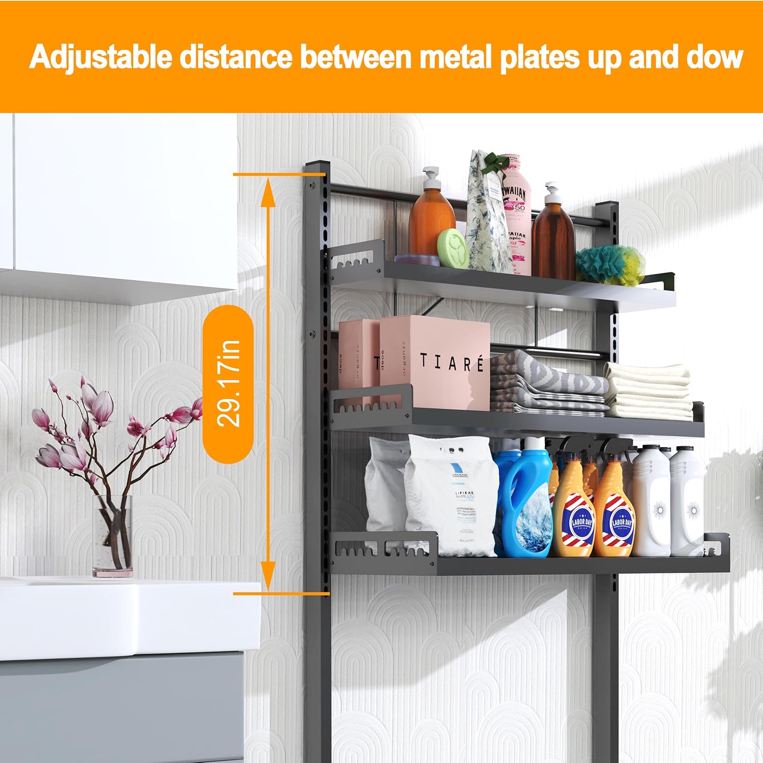 Multifunctional Storage Three-Tier Adjustable Height Laundry Room Shelf Space Saving Organizer