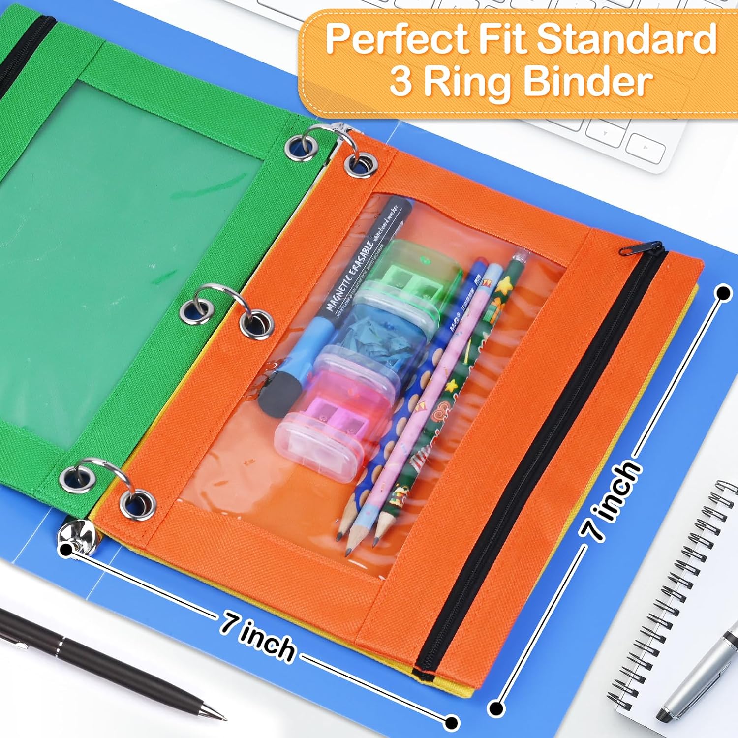 100 Pack 10 Colors Pencil Pouch for 3 Ring Binder, Binder Pencil Pouch with Smooth Zipper, Clear Window Pencil Case Binder, Durable Zipper Pencil Pouch, Bulk Pencil Bags for School and Office Supplies