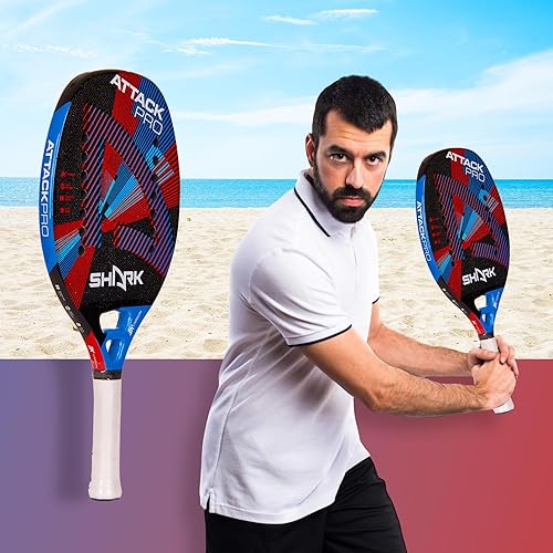 Miniatura 5 de Shark Attack - Raqueta profesional de tenis de playa  Carbon 3K  EVA Soft Grey  0.866 in de grosor  Tecnología Spin Generation  Incluye funda