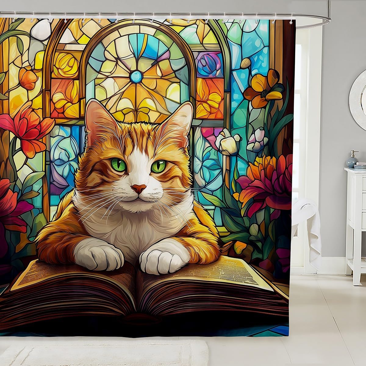 Manfei Cartoon Cat Kids Shower Curtains,Cute Animal Reading Books Bookshelf Bathroom Curtains for Boys Girls,Geometric Patchwork Abstract Chic Brown Waterproof Curtains,12 Hooks Suits,72" W x 84" L