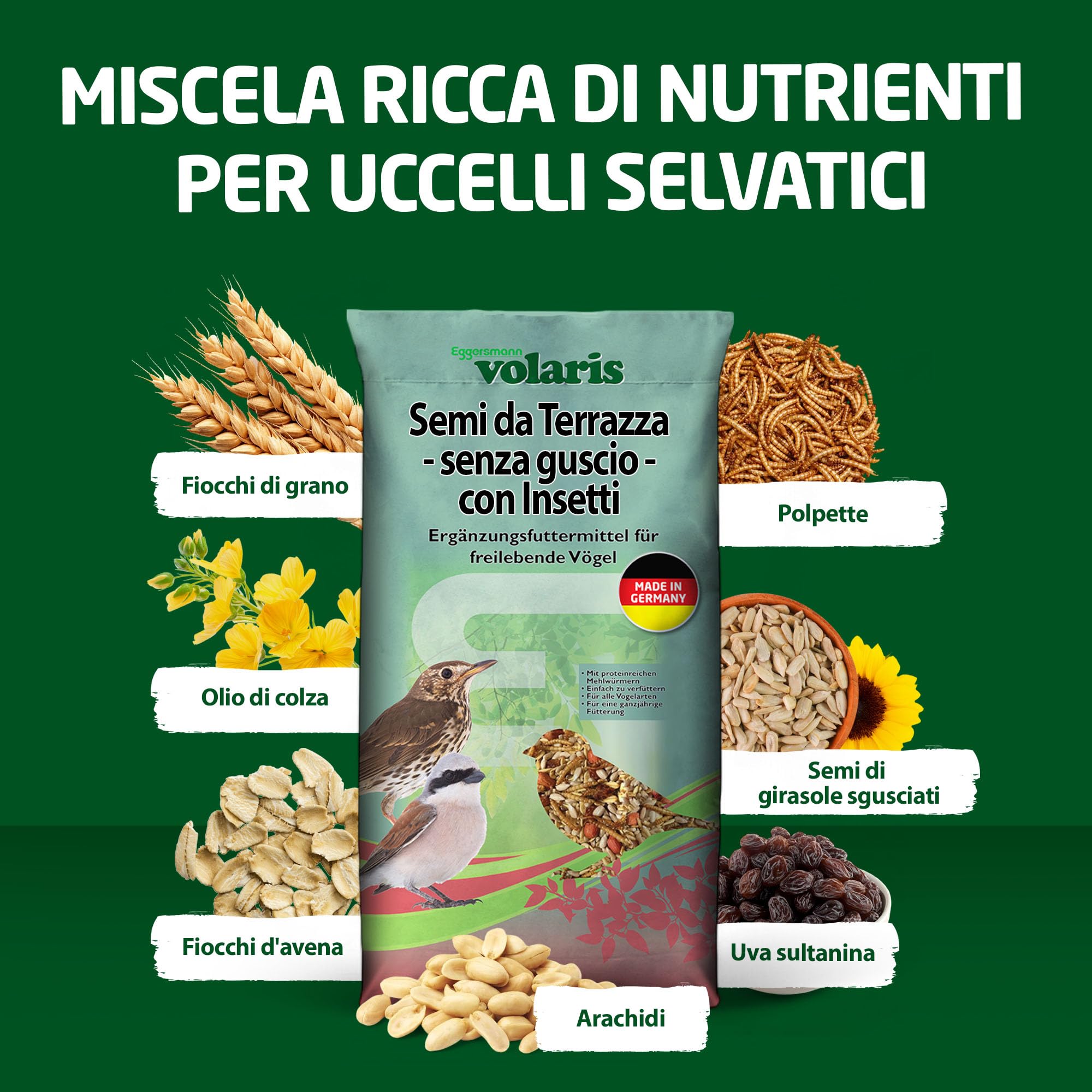 Eggersmann volaris Grani da terrazza con insetti, 10 kg, senza guscio, mangime per uccelli selvatici con vermi di farina, semi di girasole, UVM. Mangime per tutto l'anno, ricco di proteine ed energia,