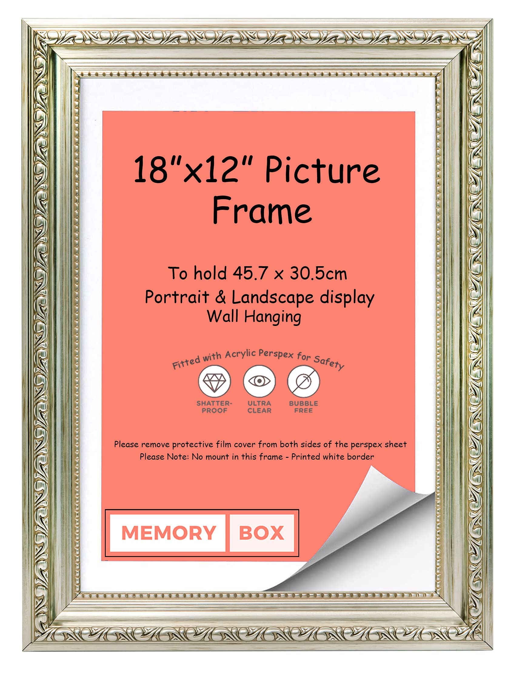Memory Box Ornate Shabby Chic Picture/Photo/Poster frame with Perspex Sheet - (45.7 x 30.5cm) Silver 18" x 12"