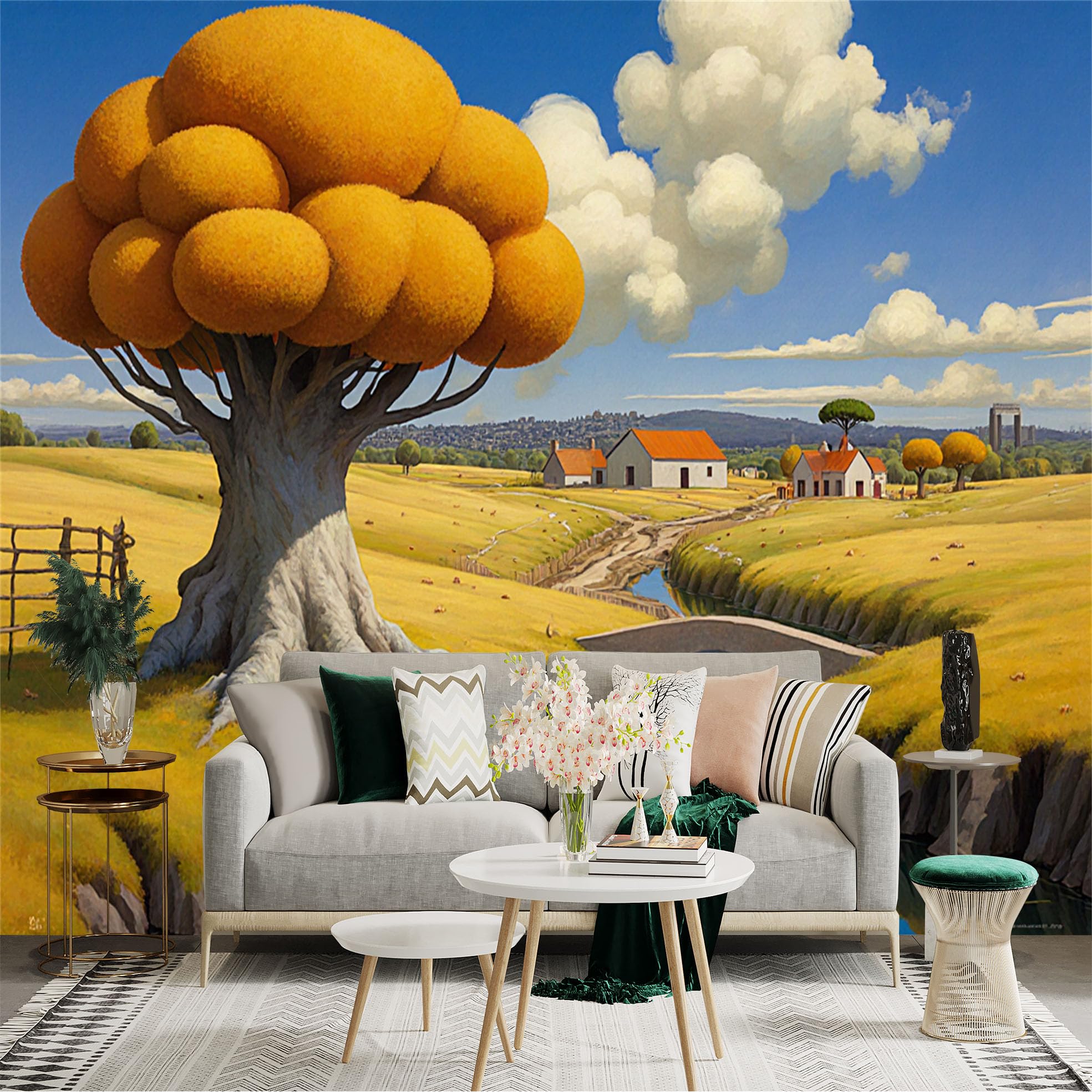 Custom Size Wall Sticker Mural， Golden Tree by River with Countryside Houses and Blue Sky Landscape， for wall Decoration， peelandstick wall Decals.