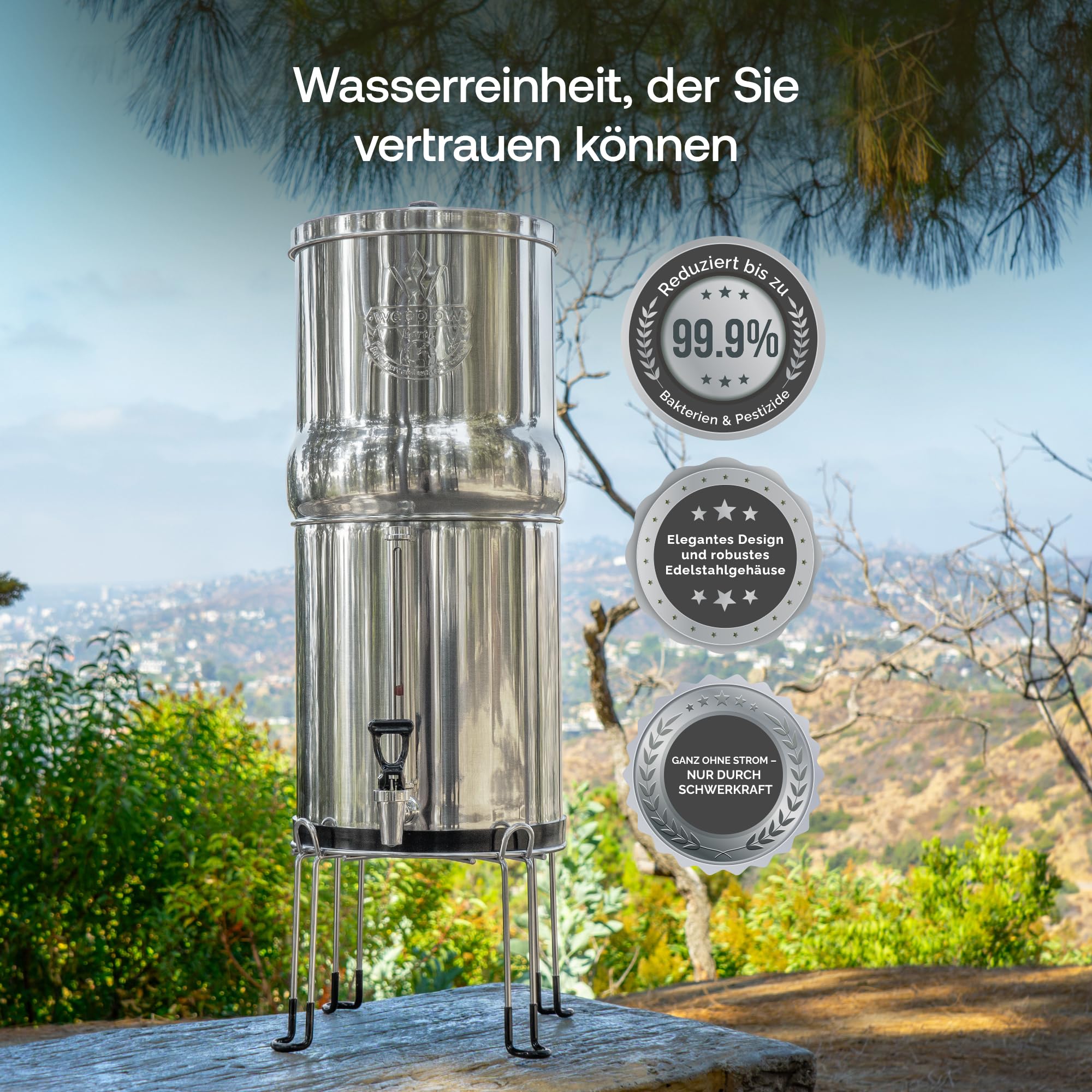 Weeplow® Earth – Schwerkraft-Wasserfiltrationssystem 8,5 Liter AISI 304 mit 2 O'Pure 2 Reinigungselementen, Wasserhahn mit Wasserwaage und kostenloser Edelstahlhalterung