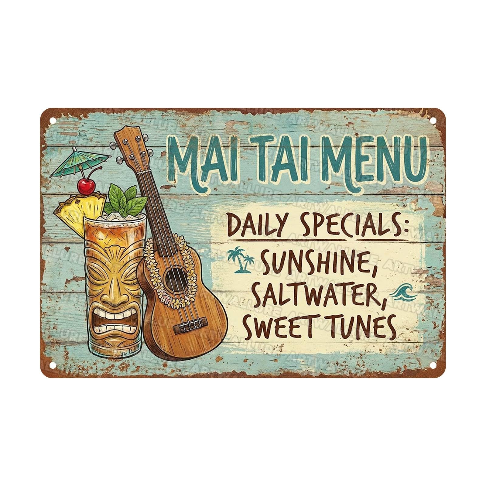 Retro Metal Sign Tropical Cocktail Party Tin Poster Mai Tai Menu Sunshine Saltwater Sweet Tunes for Pub Club Home Garden Patio Kitchen Decoration 8x12Inch