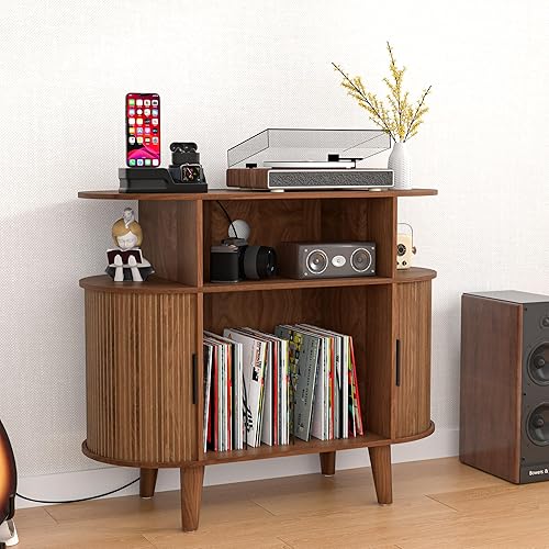 Miniatura 1 de Soporte redondo para tocadiscos, mesa de tocadiscos de mediados de siglo, estante para tocadiscos de vinilo con salida de corriente, gabinete de