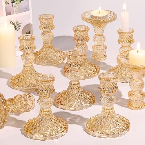 Juego de 12 portavelas dorado, portavelas cónico de cristal, portavelas dorados, portavelas para centros de mesa, bodas, Navidad y decoración del