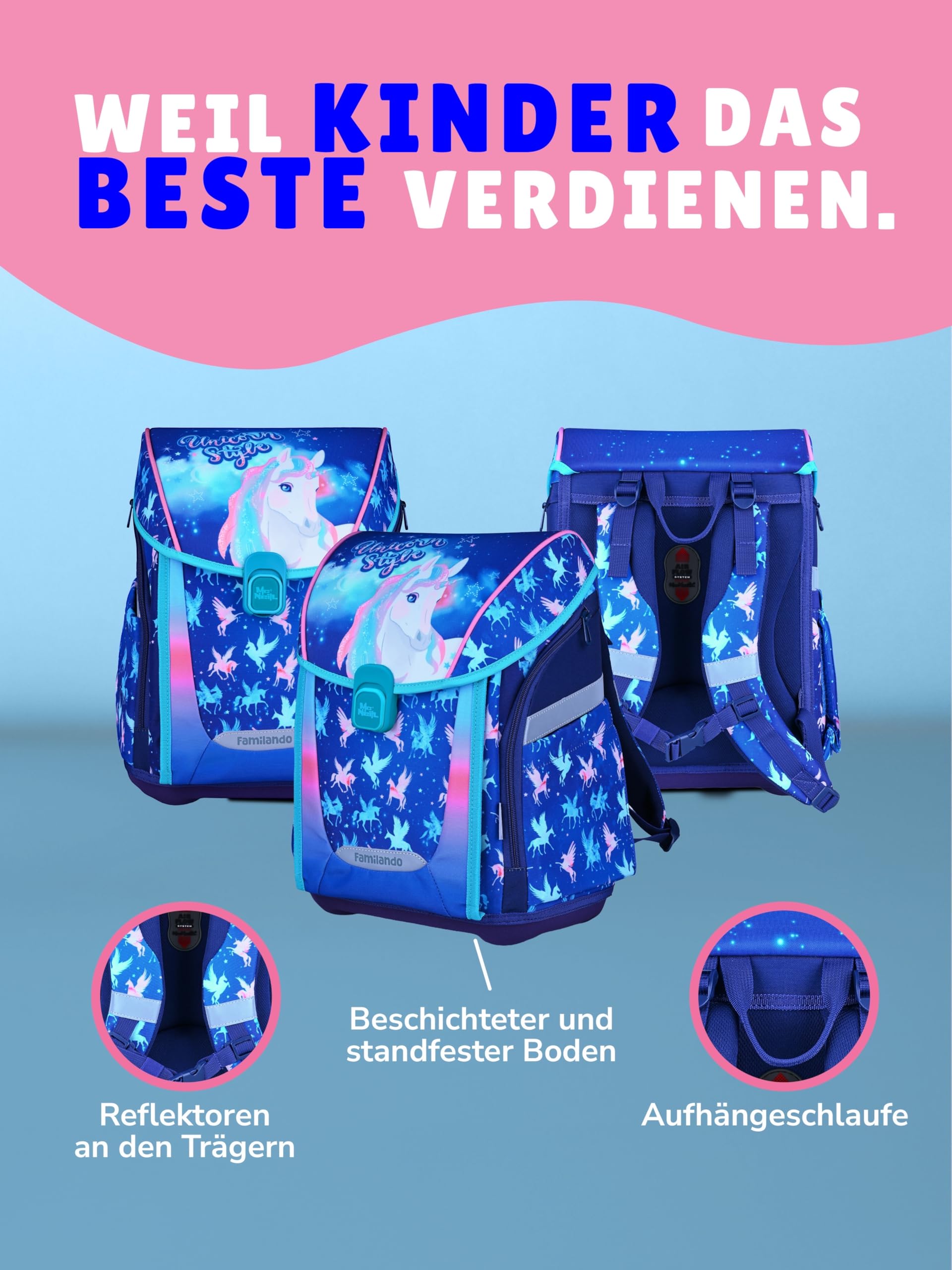 Familando - Premium Schulranzen Set - 6-teilig mit Sporttasche - Unicorn (Einhorn) - Ergonomisch, stabil & mit gepolstertem Rücken - 1000g - 20L Volumen - Mit Reflektoren - ab 1. Klasse