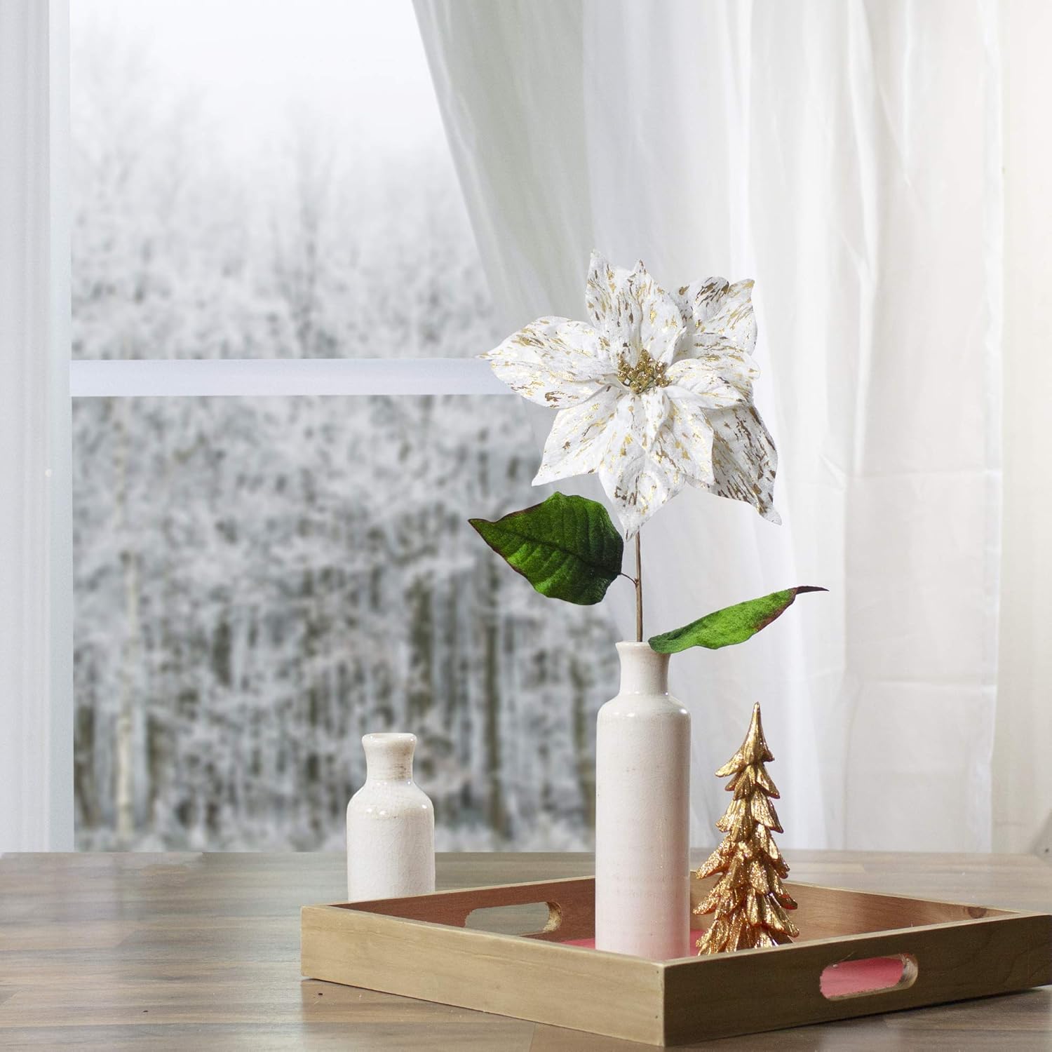 Northlight 24" White and Gold Artificial Christmas Poinsettia Flower