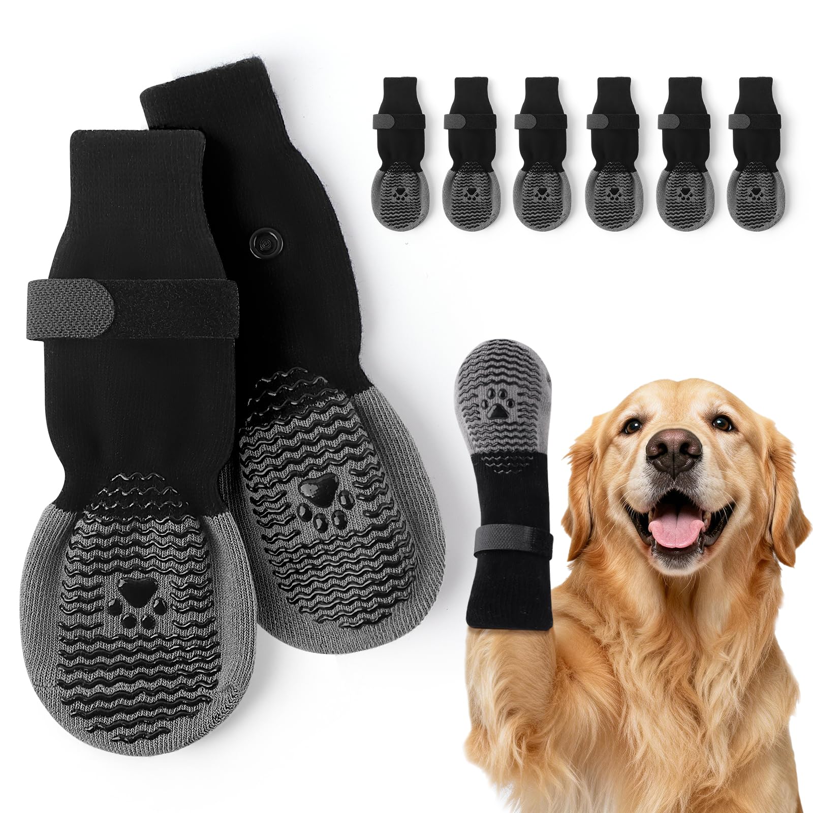 Calzini antiscivolo per cani, 3 paia di calzini con doppia impugnatura per cani laterali per evitare di leccare le zampe, coperture per zampe di cane con cinghia regolabile per pavimenti in