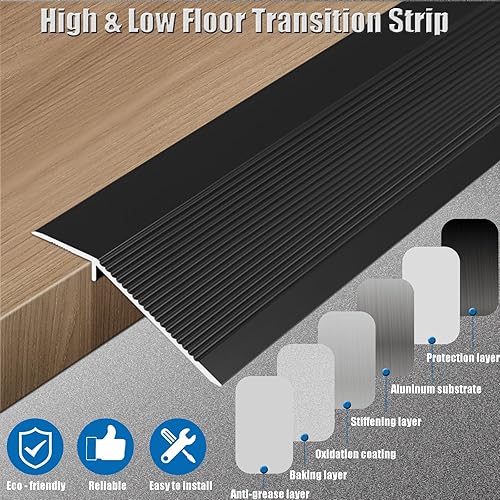 Miniatura 3 de 3 tiras de transición de piso de 4 pulgadas de ancho, rampa de aluminio, para cocina, dormitorio, baño, puertas reductoras (negro3 unidades)