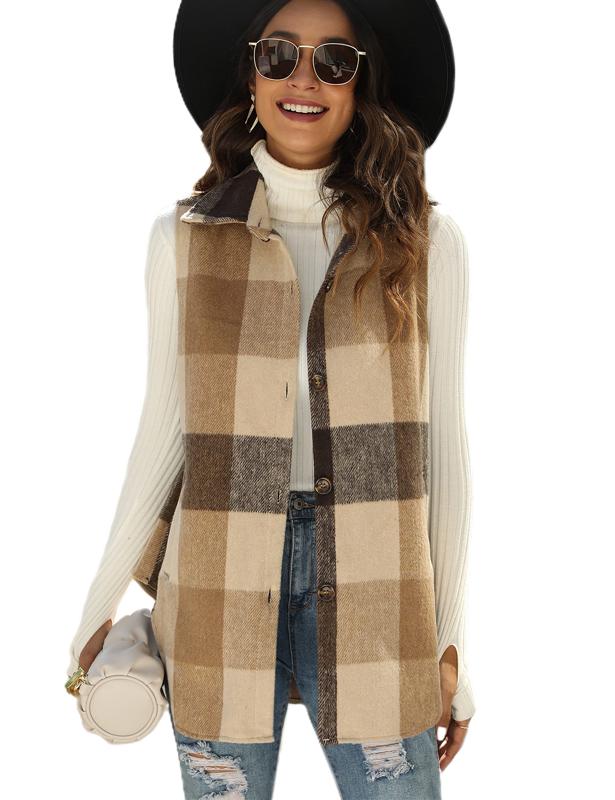 Women's Plaid Vest Brushed Flannel Sleeveless Shacket Shirt Jacket with Pockets