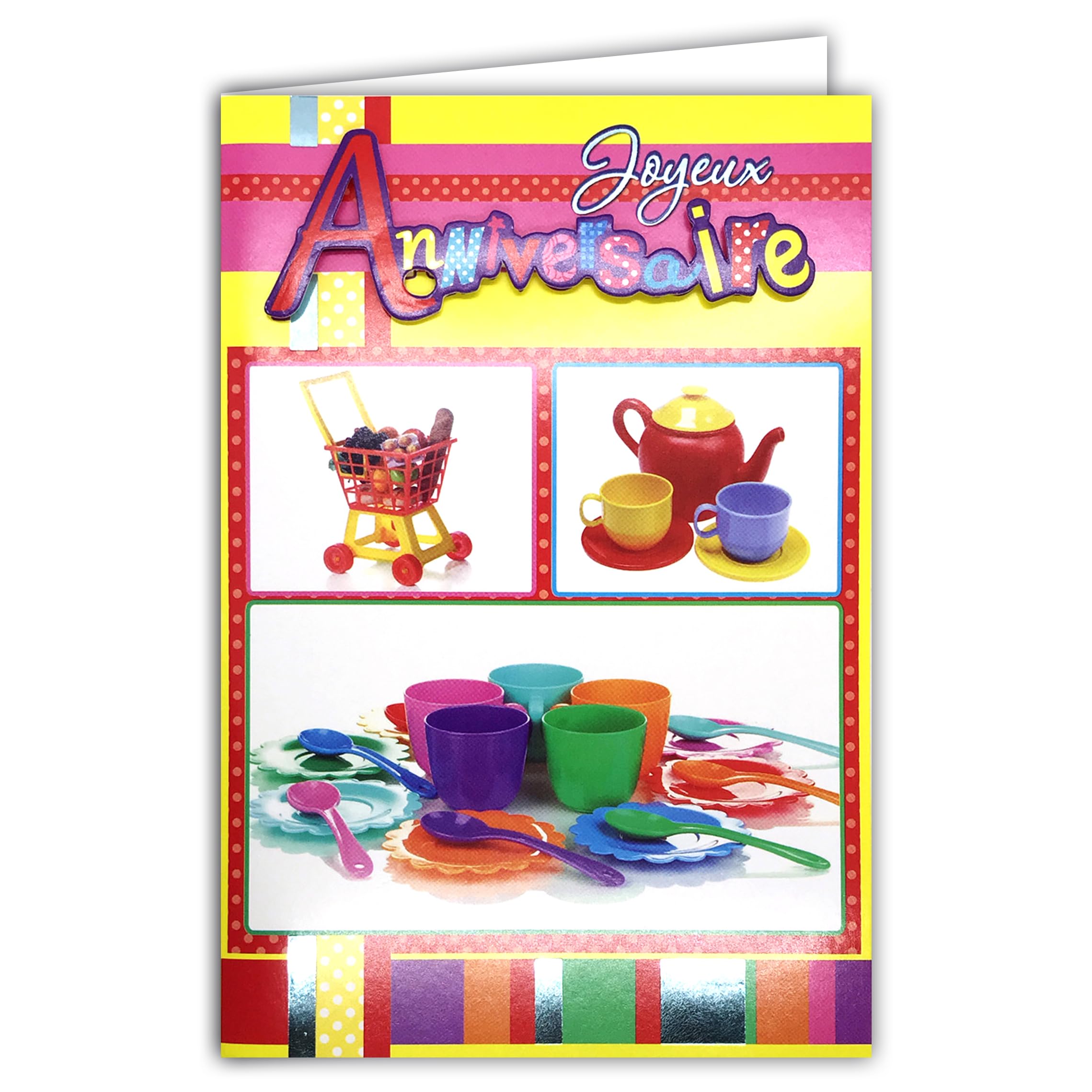 AFIE Happy Birthday Card for Little Girl Child Collage Embossed Text with Envelope 12 x 17.5 cm Dinette Teapot Cups Bowls Cups Plates Saucers Spoons Shopping Trolley 67-1005/2