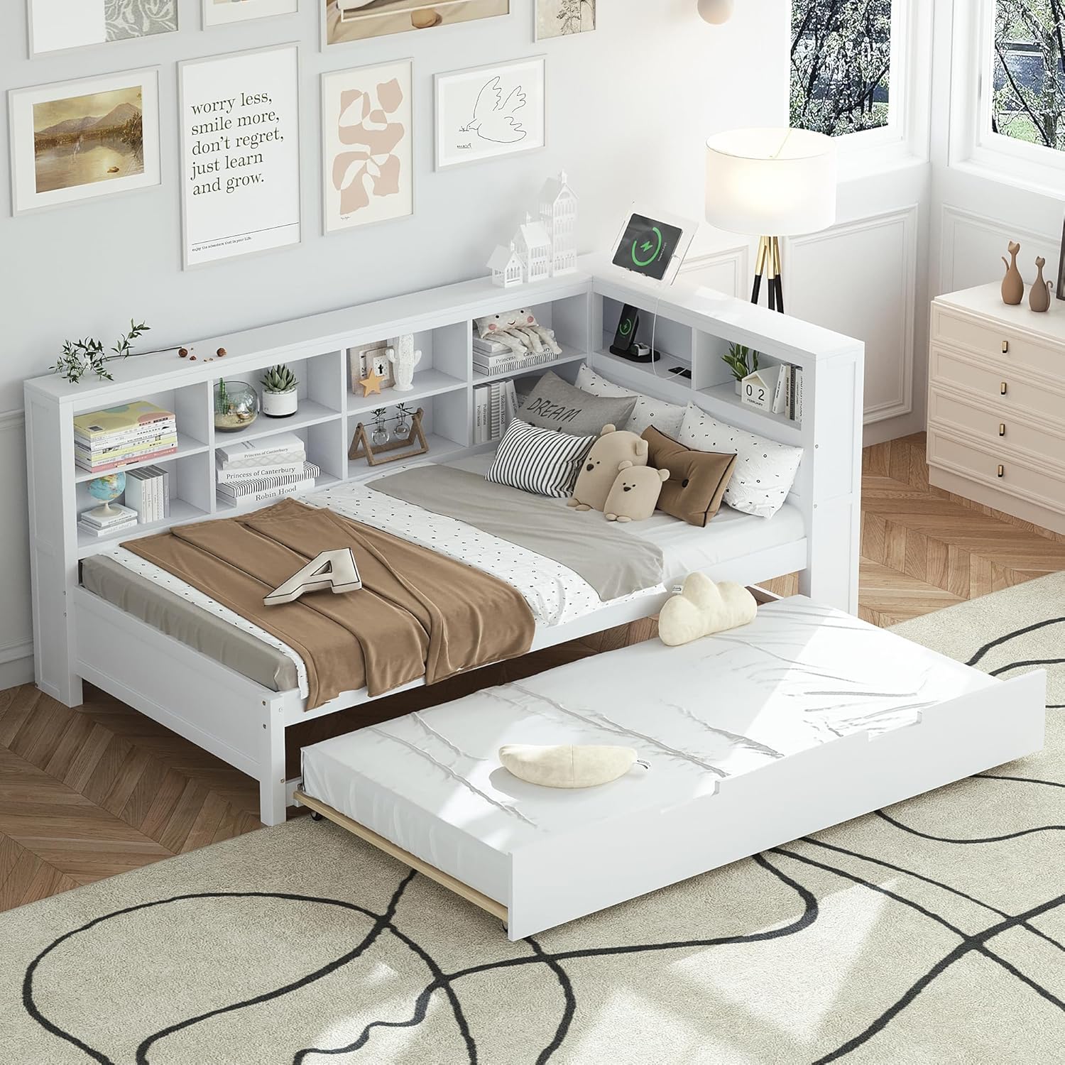 Harper & Bright Designs Full Size DayBed with Trundle and L-Shaped Bookcases, Wooden Platform Bed Frame with Storage Shelves and USB Ports, White