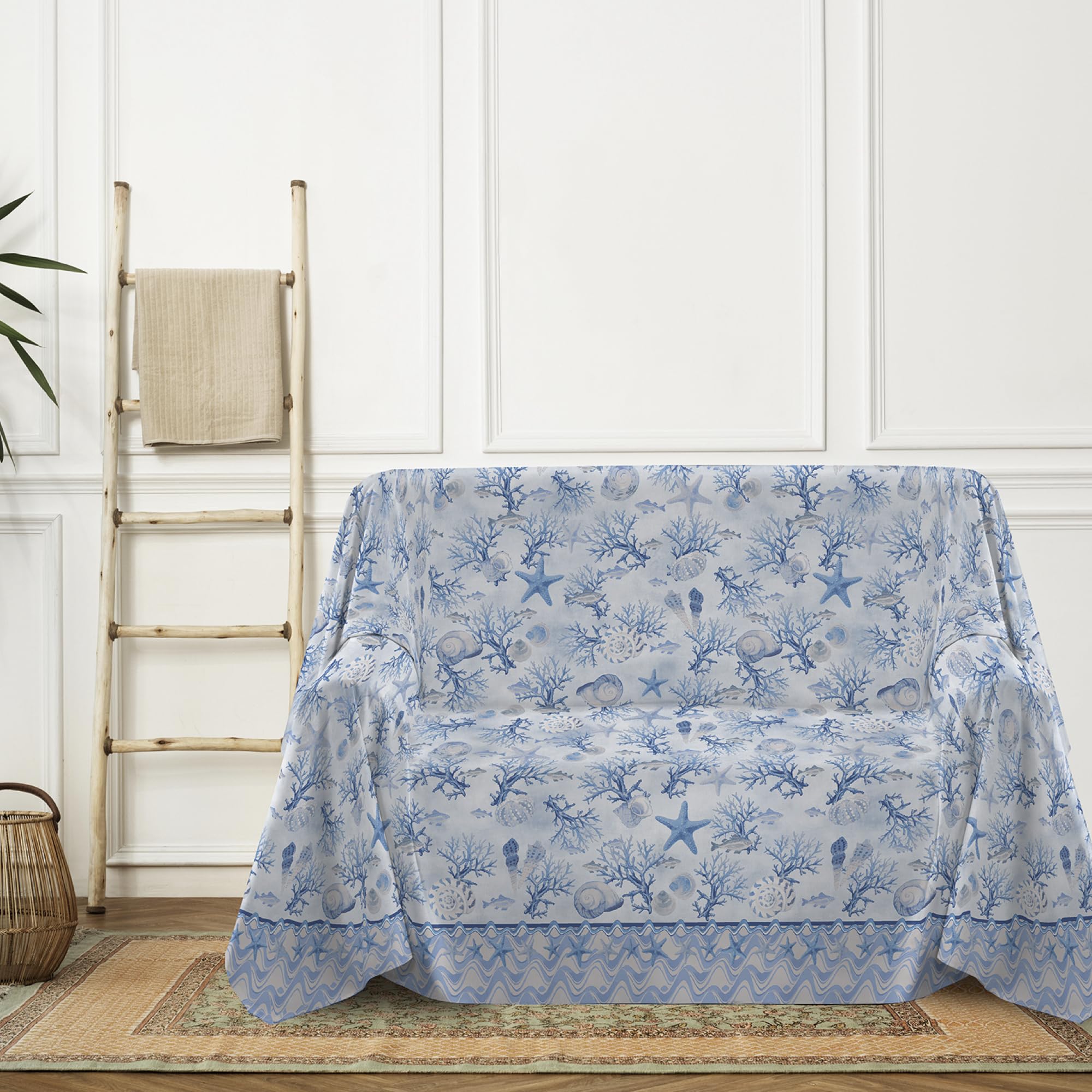 PENSIERI DELICATI Telo Copridivano 250 x 290 cm Made in Italy, Telo Copritutto 100% Cotone Puro, Fantasia Marina Blu, Ideale come Telo Arredo, Salvadivano o Copriletto Estivo (2 Piazze)