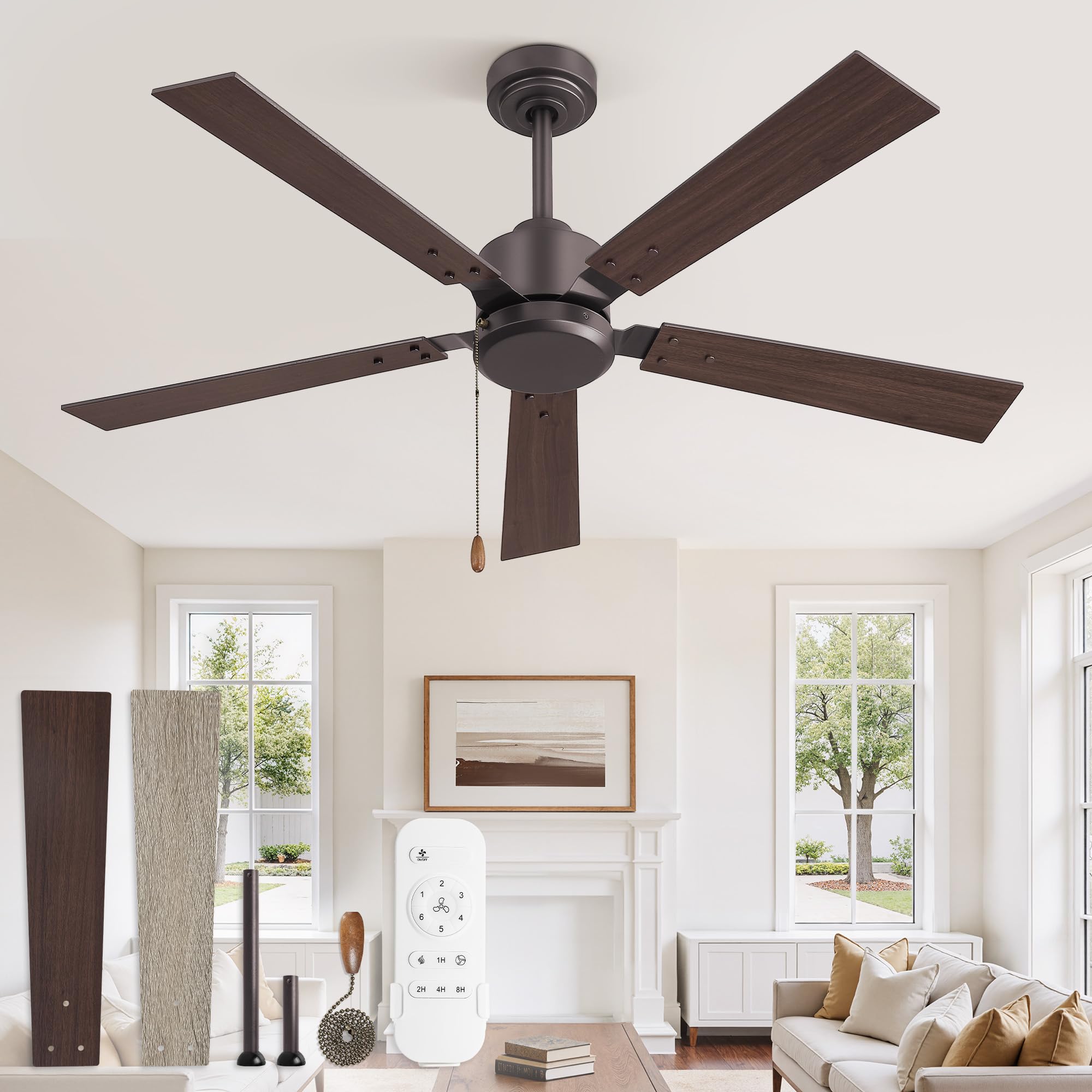 Photo 1 of ZMISHIBO 52 Inch Ceiling Fan without Light, Farmhouse Ceiling Fan with Remote & Pull Chain, 6-Speeds, Quiet DC Motor, Brown Ceiling Fan no Light for Bedroom, office, Patio, Indoor/Outdoor Use