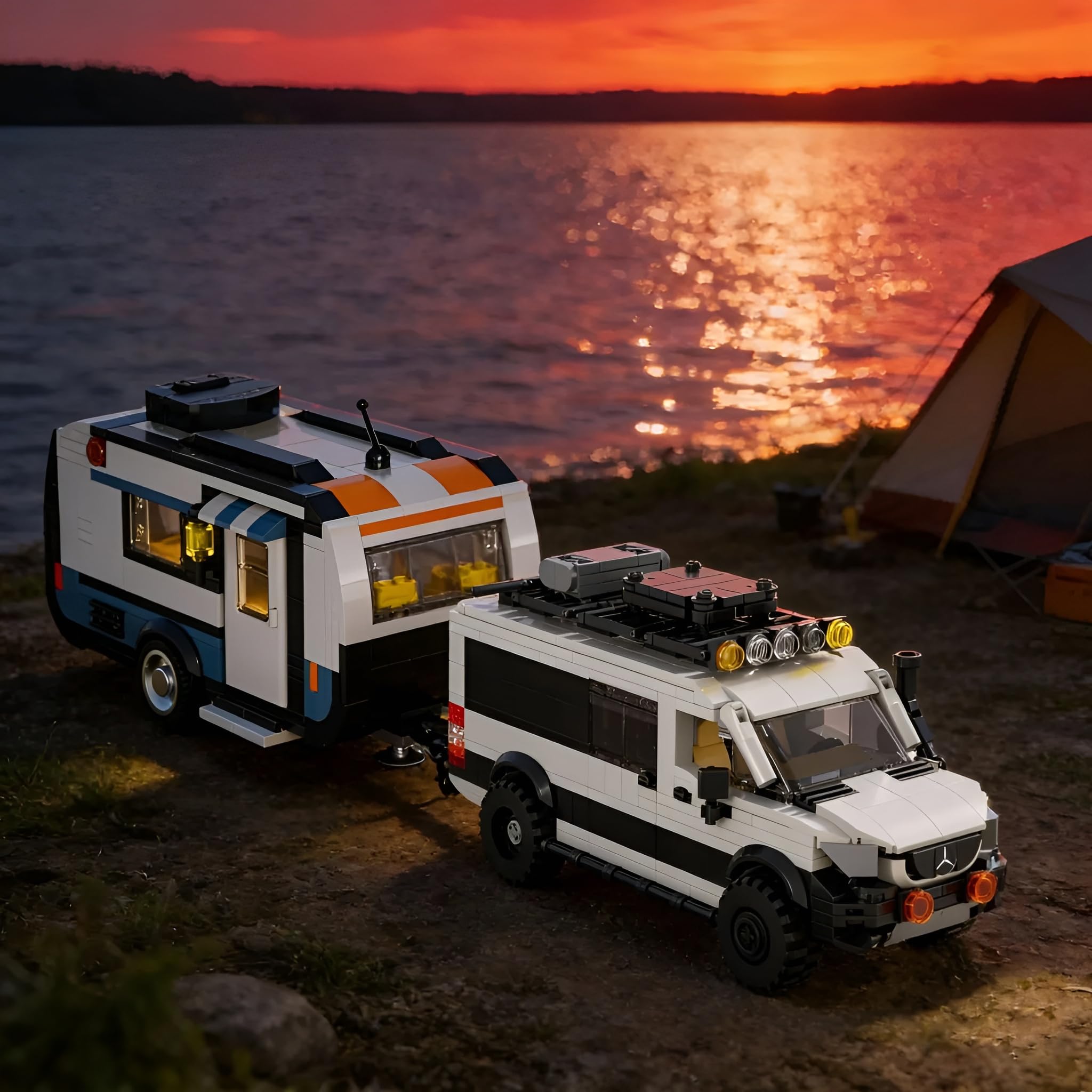 Juego de construcción 2 en 1 de coche deportivo y caravana, bloques de construcción de remolque, modelo de vehículo de camping para adultos, coches de carreras urbanos, bloques de sujeción