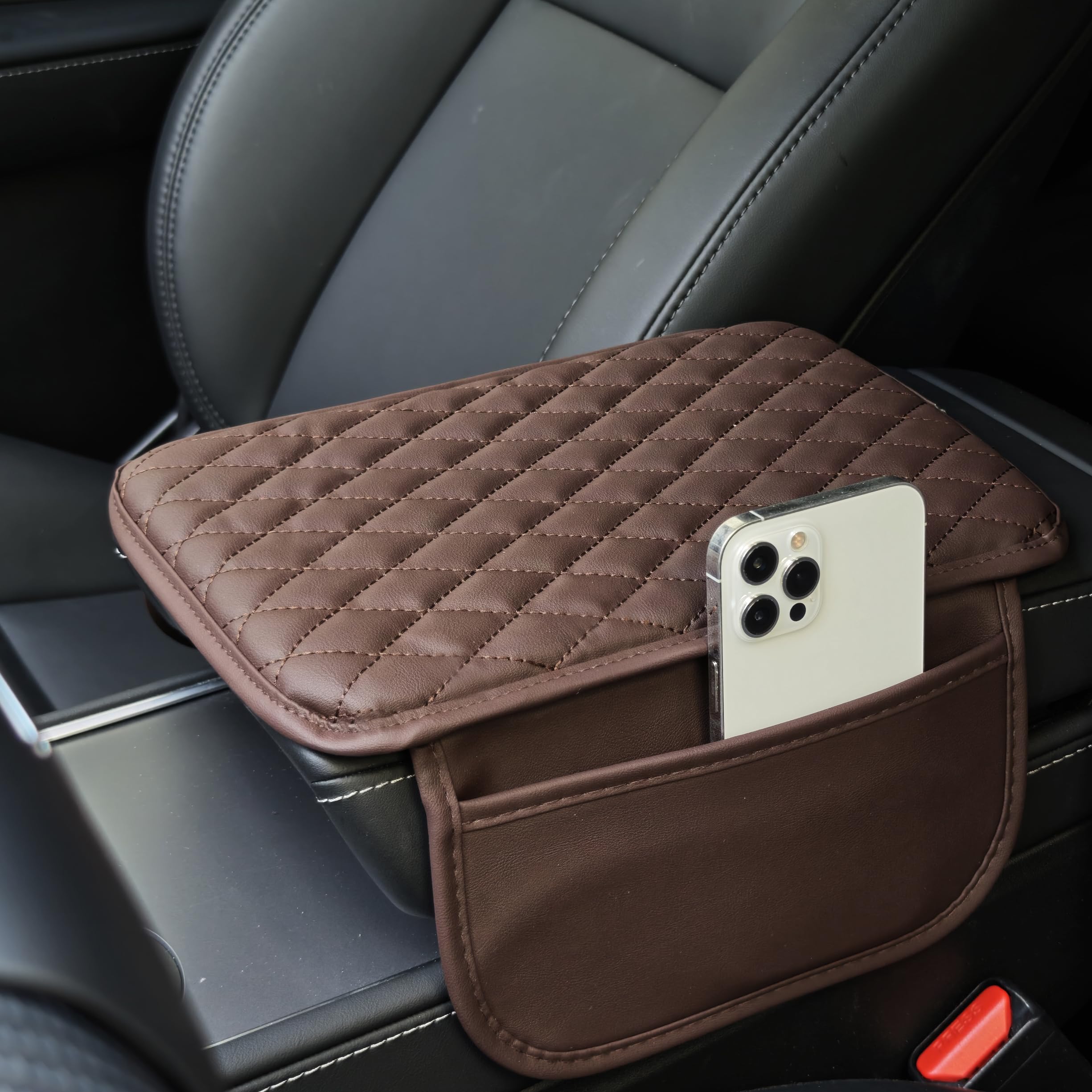 Car Center Console Cover,Microfiber Leather Car Armrest Cover Cushion with Storage Bags, Universal Car Armrest Storage Box Car Interior Accessories for Most Vehicles, Dark Brown