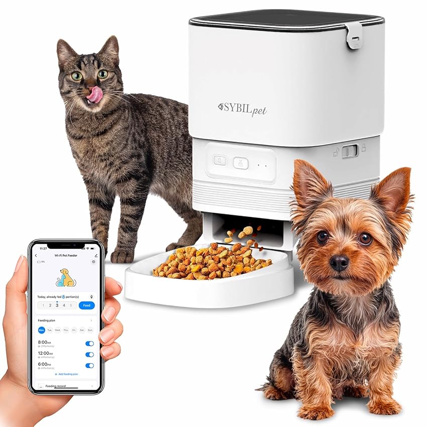 SYBILPET Distributore Automatico Cibo Gatti e Cani Taglia Piccola - Dispenser Crocchette con App e Messaggio Vocale - Erogatore Silenzioso e Antiblocco con Capacità di 4L