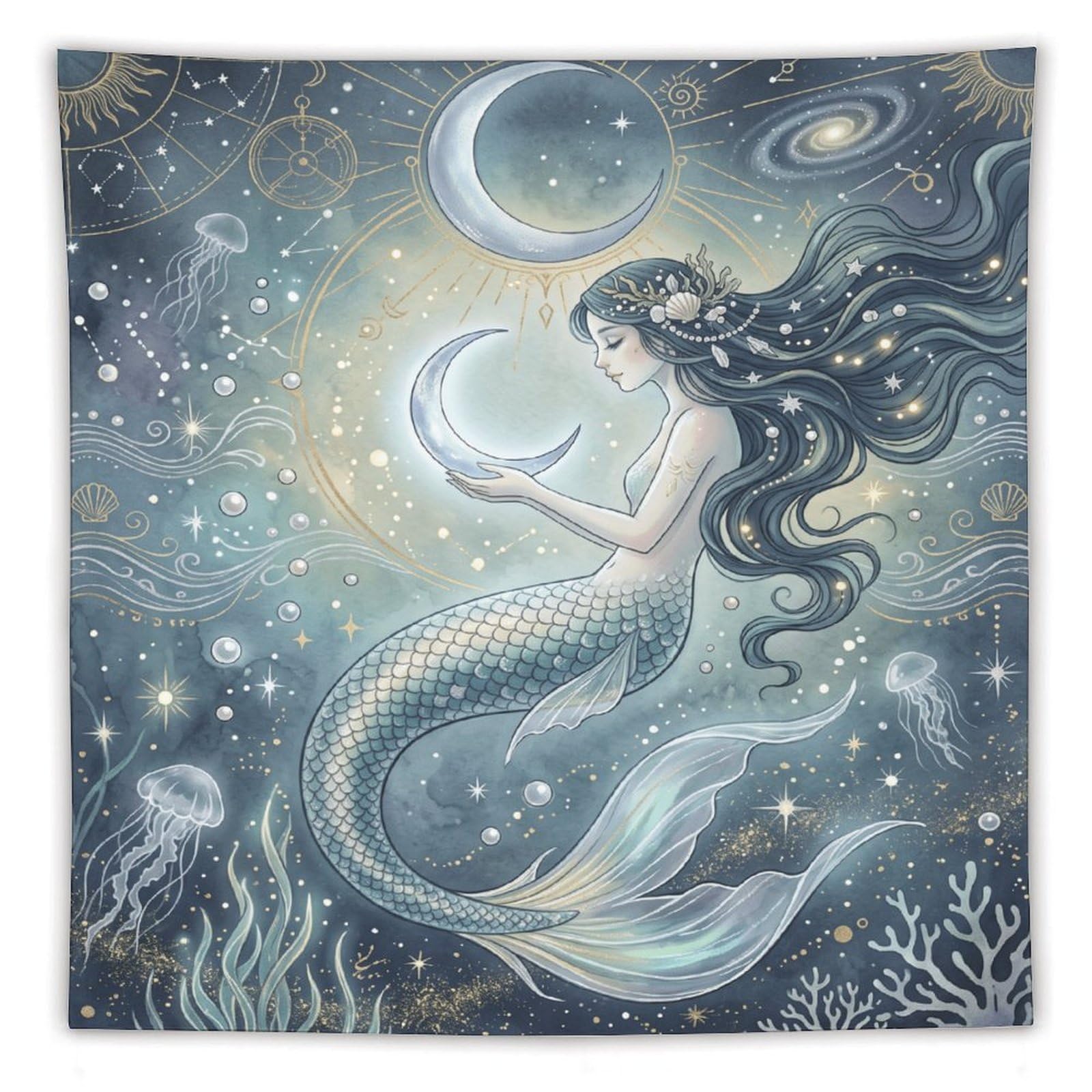 W7C8U2X3 Moon Mermaid Cosmic Ocean Wall Tapestry, Surrealist, Entryway