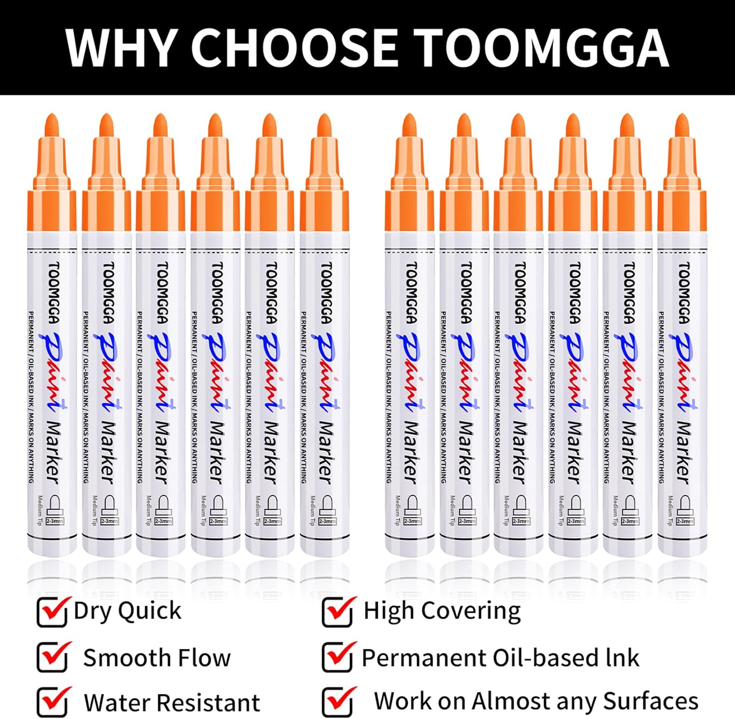 Orange Permanent Paint Pens - 12 Pack Oil Based Paint Markers, Pens For Rock Painting Car Tyre Metal, Plastic, Canvas, Mugs, Wood, Glass, Quick Drying and Waterproof, Medium Point - Image 6