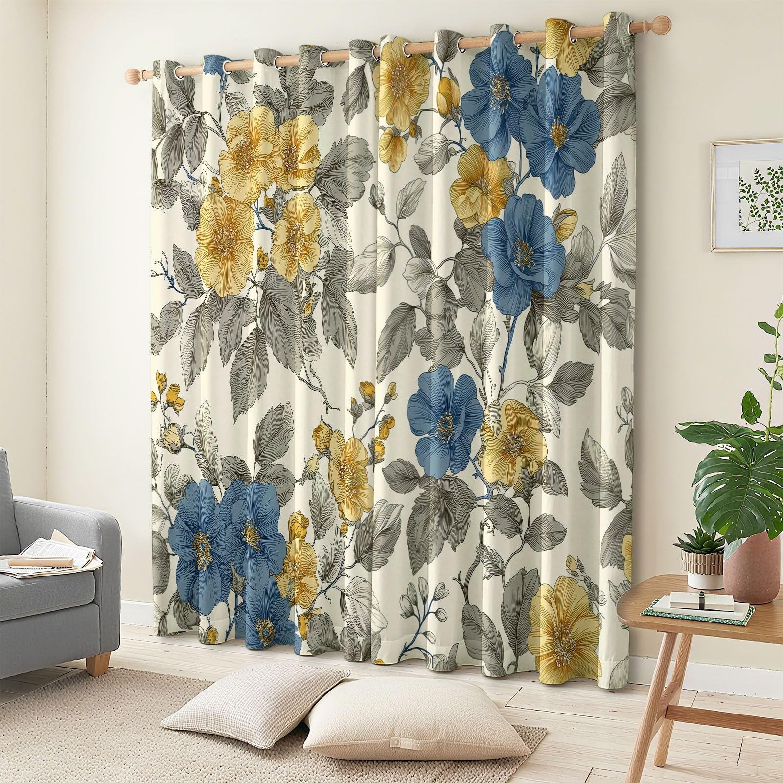140 x 245 cm, zestaw 2 termicznych zasłon zaciemniających w stylu retro, kwiatowy wzór, izolowane zasłony okienne, tłumiące hałas i światło, miękka i elegancka tkanina do salonu, sypialni, kremowa