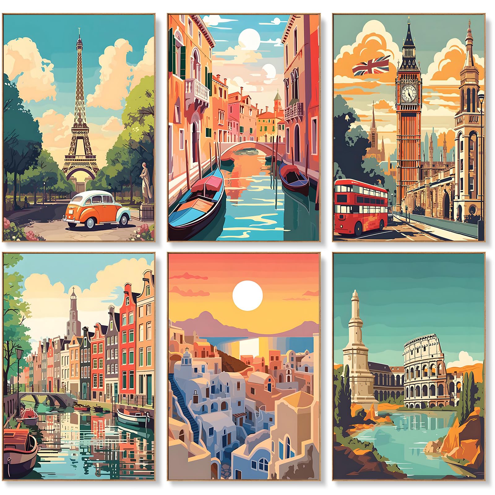 Offito Art Ofukopnf6p04 6 Pack Paint By Numbers For Adults - 8X12 Inch City Scapes Paint By Numbers Kits On Canvas For Adults Beginners, Vintage Travel Diy Acrylic Oil Adult Painting By Number, Perfect For Gift Home Decor