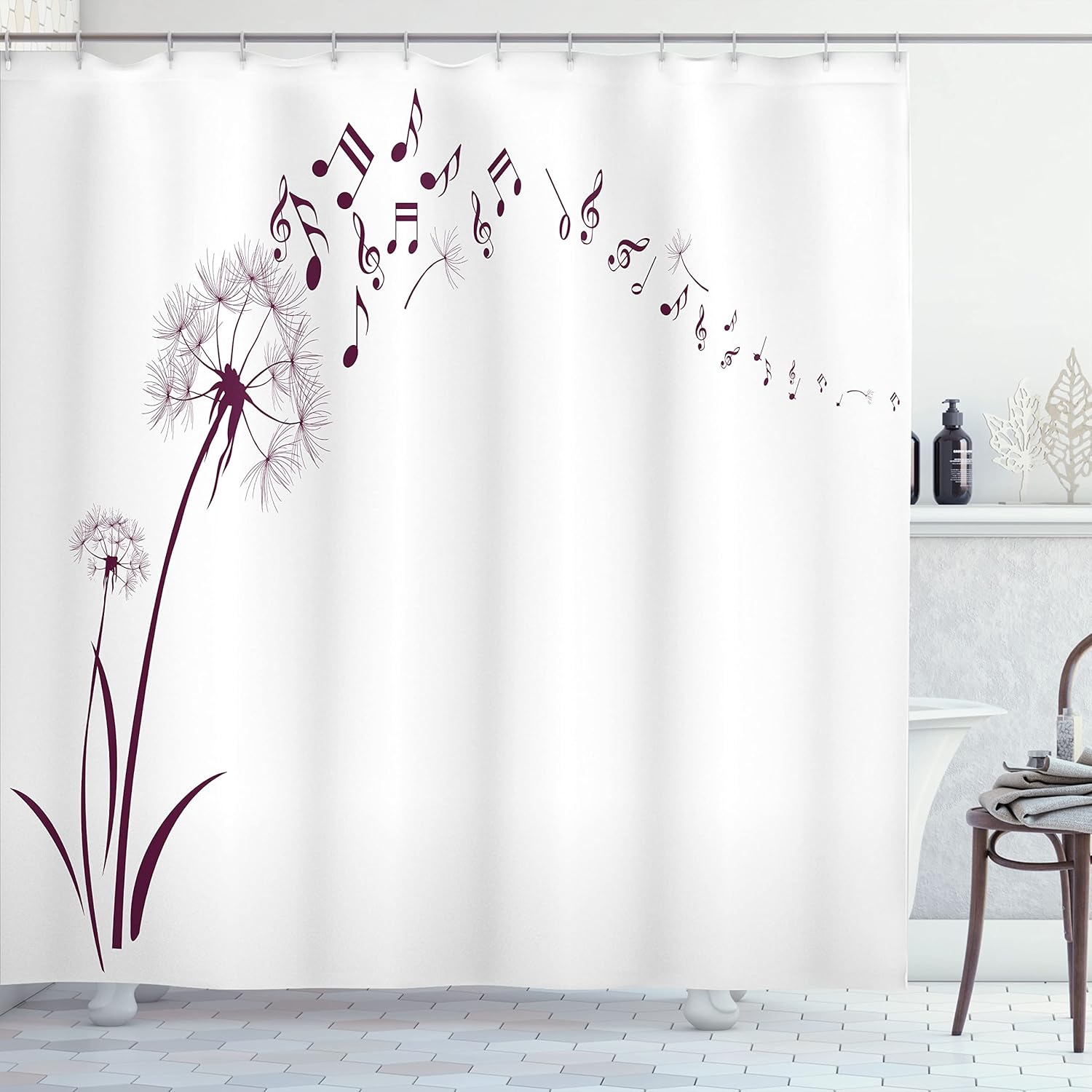 Ambesonne Music Shower Curtain, Flying Dandelions Notes Summer Spring Meadow Silhouette Softness Simple Print, Cloth Fabric Bathroom Decor Set with Hooks, 69" W x 75" L, Dark Purple