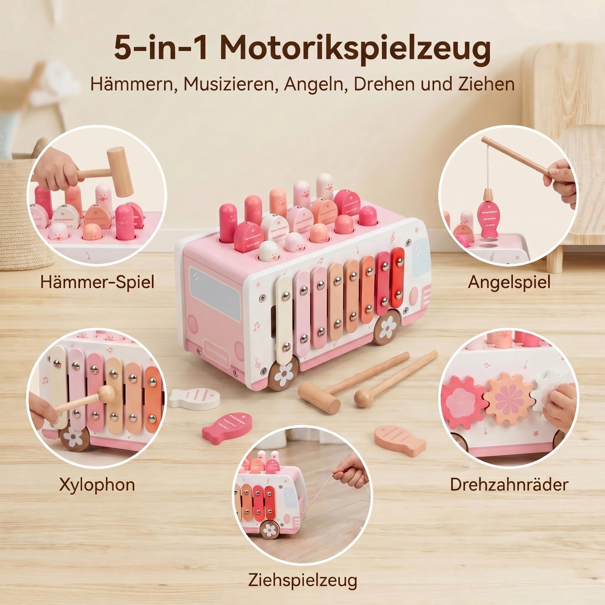 Montessori Giocattolo a partire dai 18 mesi, giocattolo 5 in 1 in legno a martello con xilofono e magnete, gioco da pesca, giocattolo motorico, giocattolo educativo, regalo per ragazze e