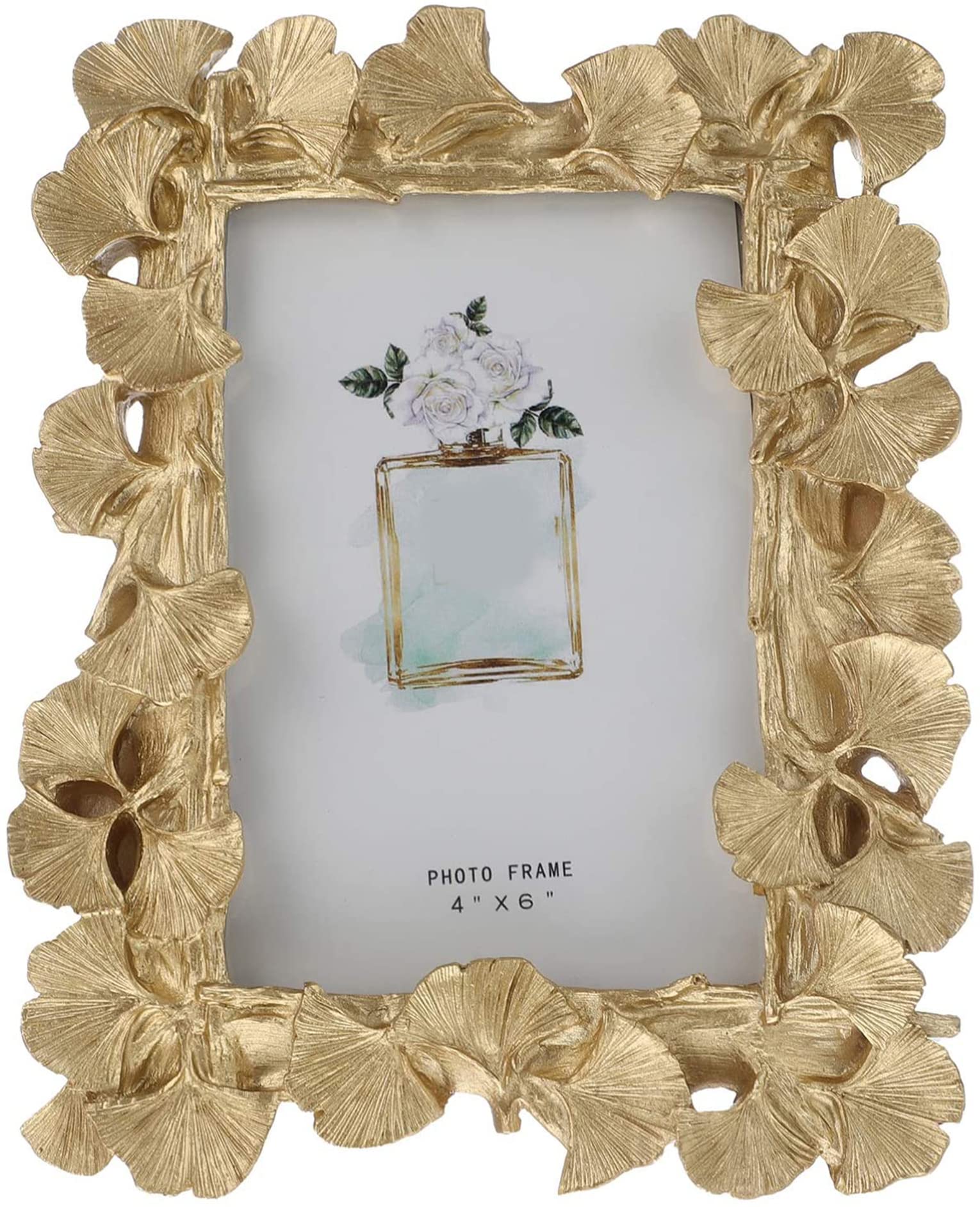 ELECDON Photo Frame, Polyresin Picture Frame Gold Ginkgo Leaves for Photo Lovers Home Decoration Ornament Gifts Golden Vintage Table Top Display and Personalized Gallery Wall Hanging Home Decor (Gold)