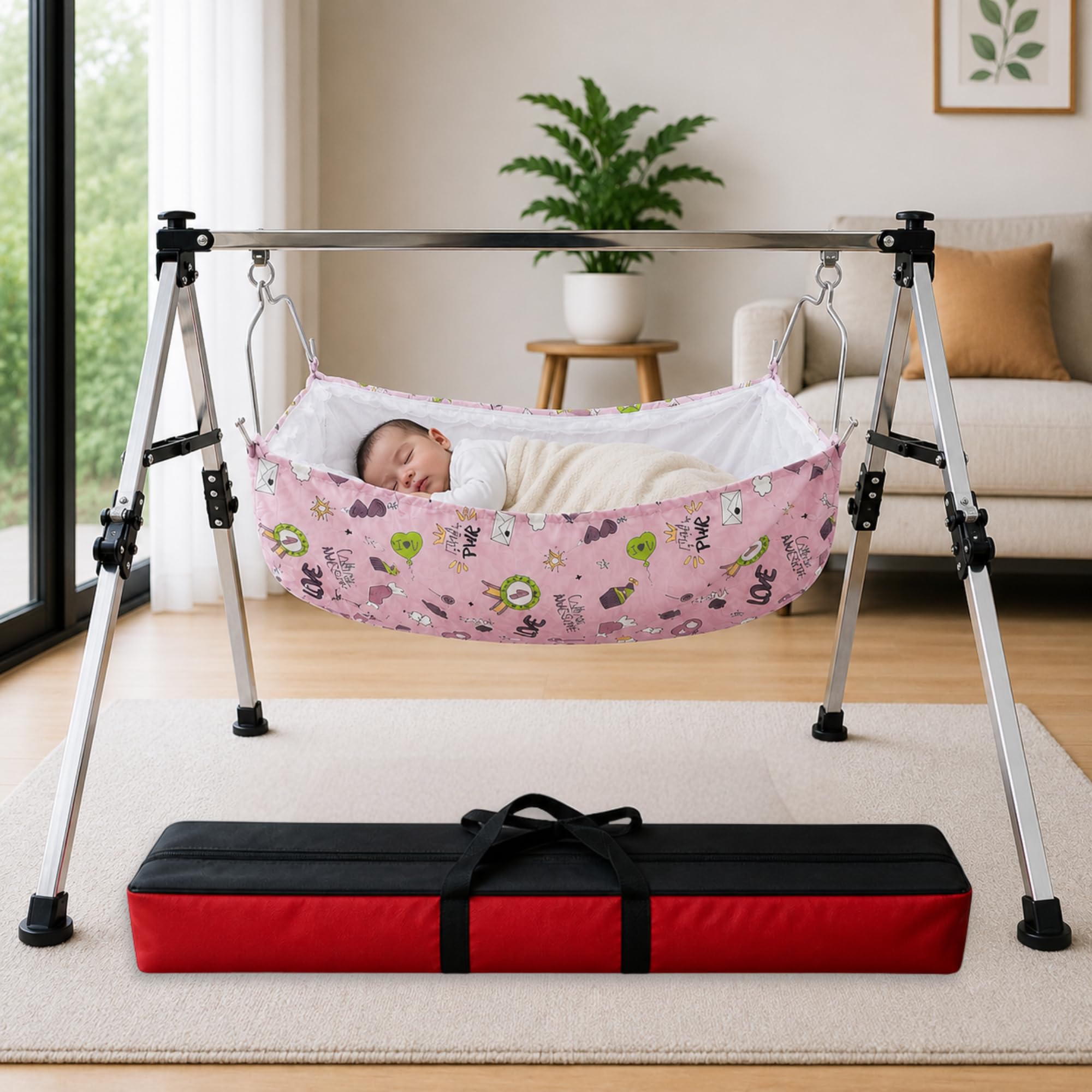 Foldable Baby Cradle for New Born Baby with Stand | Portable Jhula Palna Ghodiyu for 0-3 Years | Compact Travel Baby Swing Bed for | Home & Outdoor Use-image-43