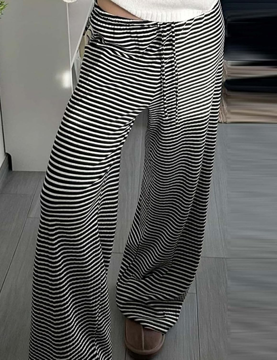 DERAX Womens Wide Leg Pant High Elastic Waisted Striped Pajama Pants Drawstring 2026 Spring Long Trouser - Image 4