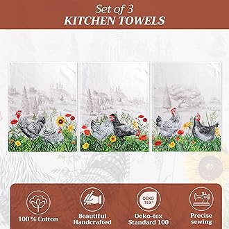 Maison d' Hermine Dish Cloth 100% Cotton Set of 3 Kitchen Towel Multi-Purpose Bar Towels, Wedding, Restaurant, Buffet Party & Camping, Basse Cour - Spring/Summer (50cm x 70cm)