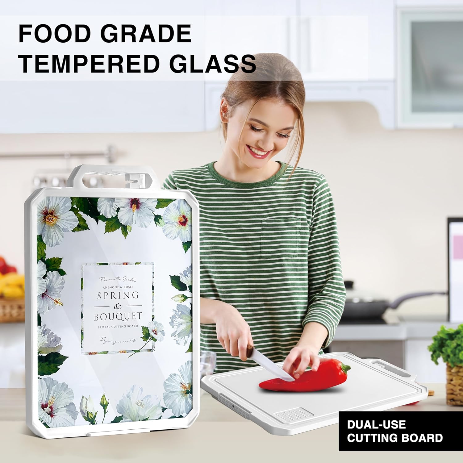 2-in-1Tempered Glass Cutting Board for Kitchen Standable Tempered Glass for Kitchen Counter + Food-Grade PP | Built-in Knife Sharpener & Anti-Spill Groove | Non-Slip, Easy to Clean 17”×12”