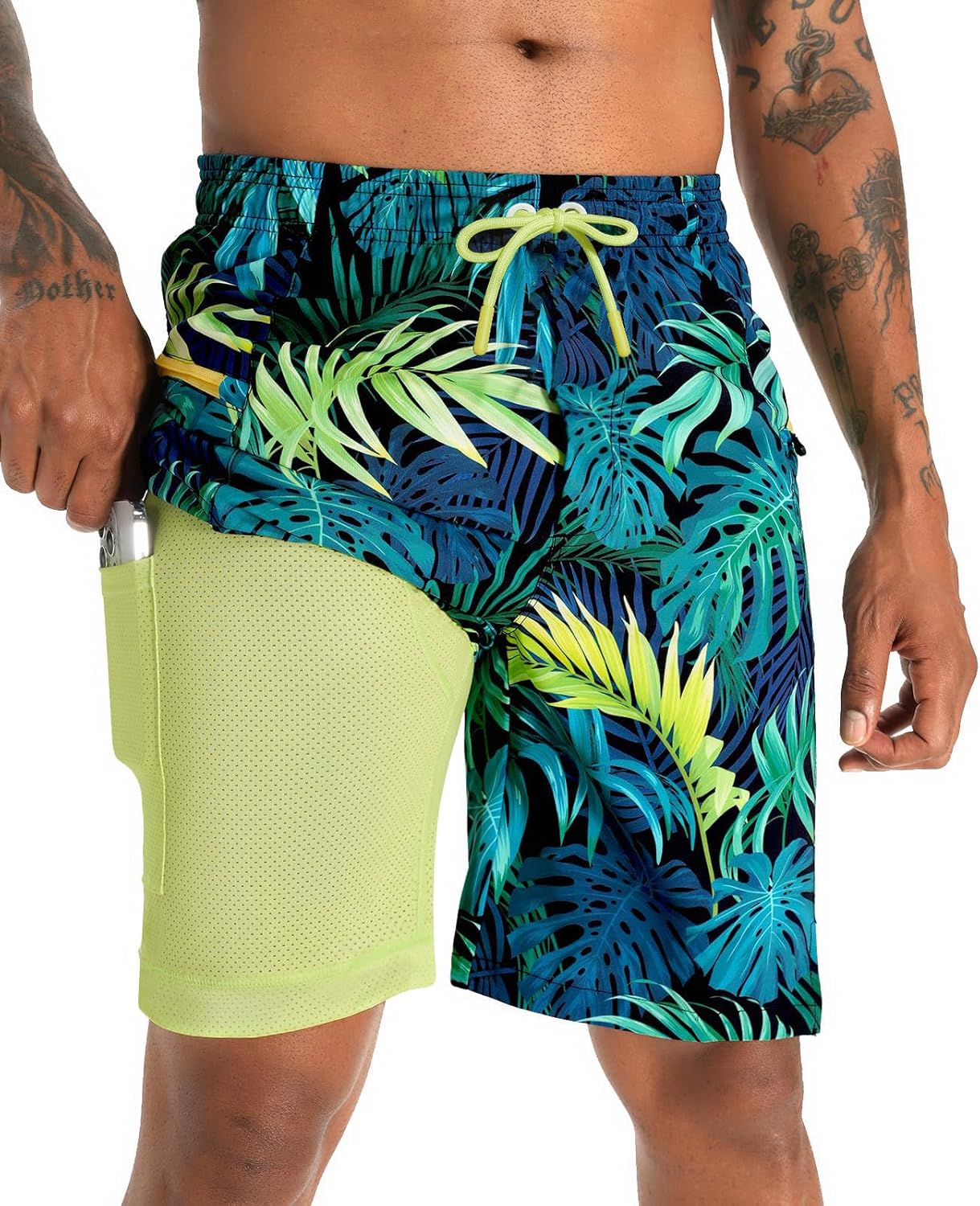 2 in 1 Men's Swim Trunks Bathing Suit with Zipper Pockets Built-in Board Shorts - Picture 23 of 32