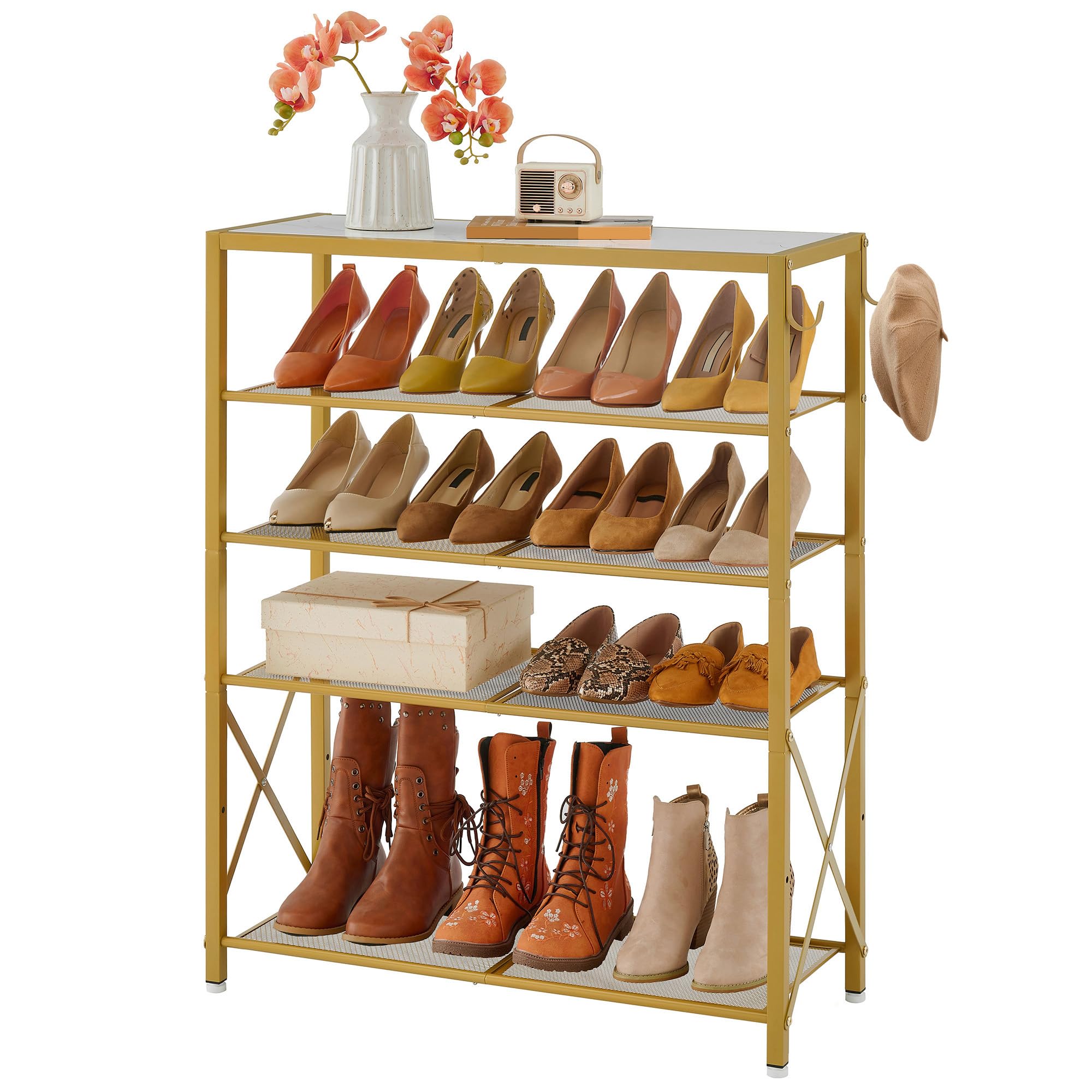 Tajsoon 5 Tier Closet Shoe Rack for 16-20 Pairs of Shoes, Free Standing Shoe Racks with 2 Hooks, Metal Mesh Shoe Storage Entryway, Shoe Shelf Organizer with X Shape Fixed Frame, White & Gold — image 1