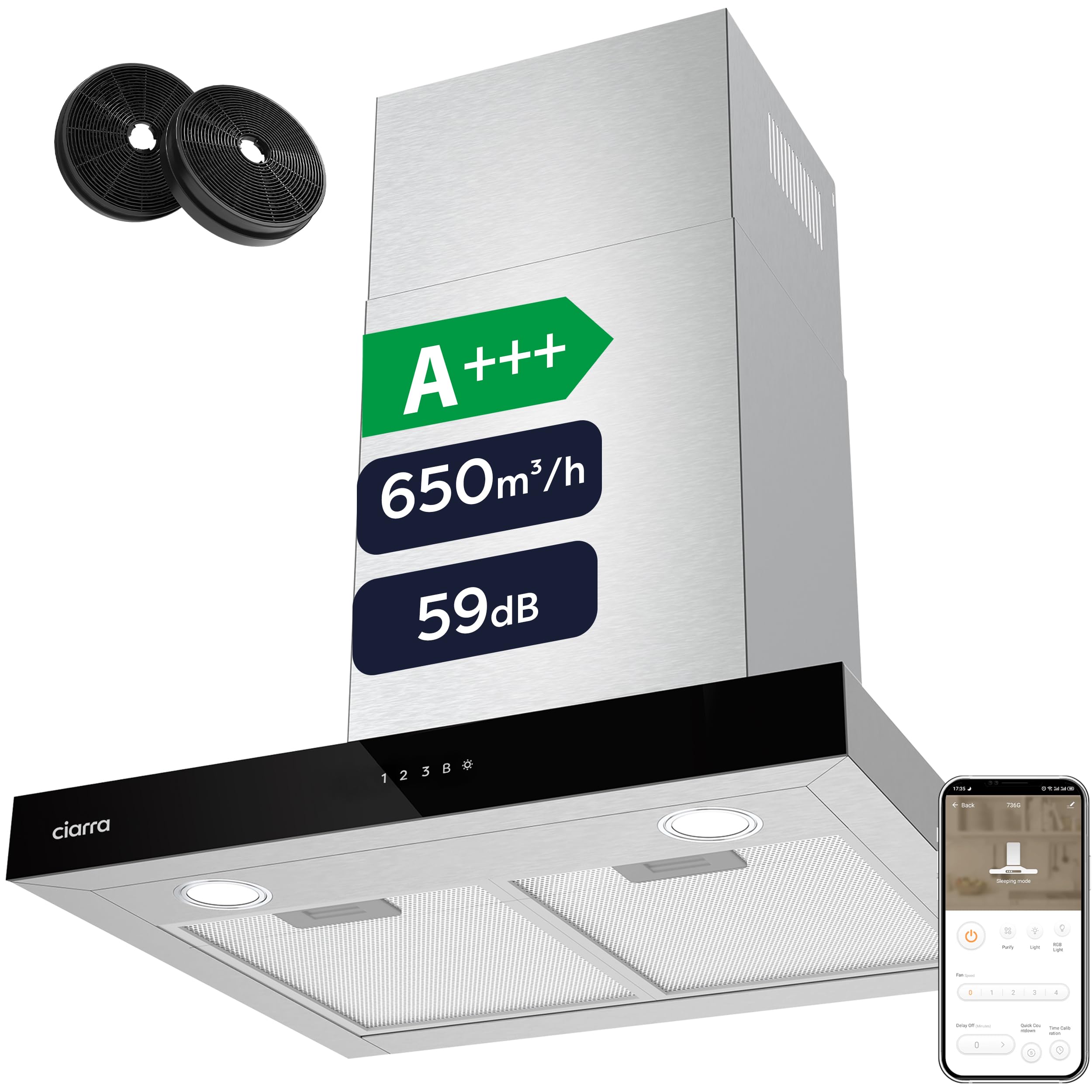 CIARRA CBCS6102 Classe A+++ Cappa Aspirante 60 cm 650 m³/h Touch Control 4 Livelli Inclusa Booster Scarico Ricircolo Aria Montaggio a Parete Acciaio Inox con Filtri Carbone CBCF003