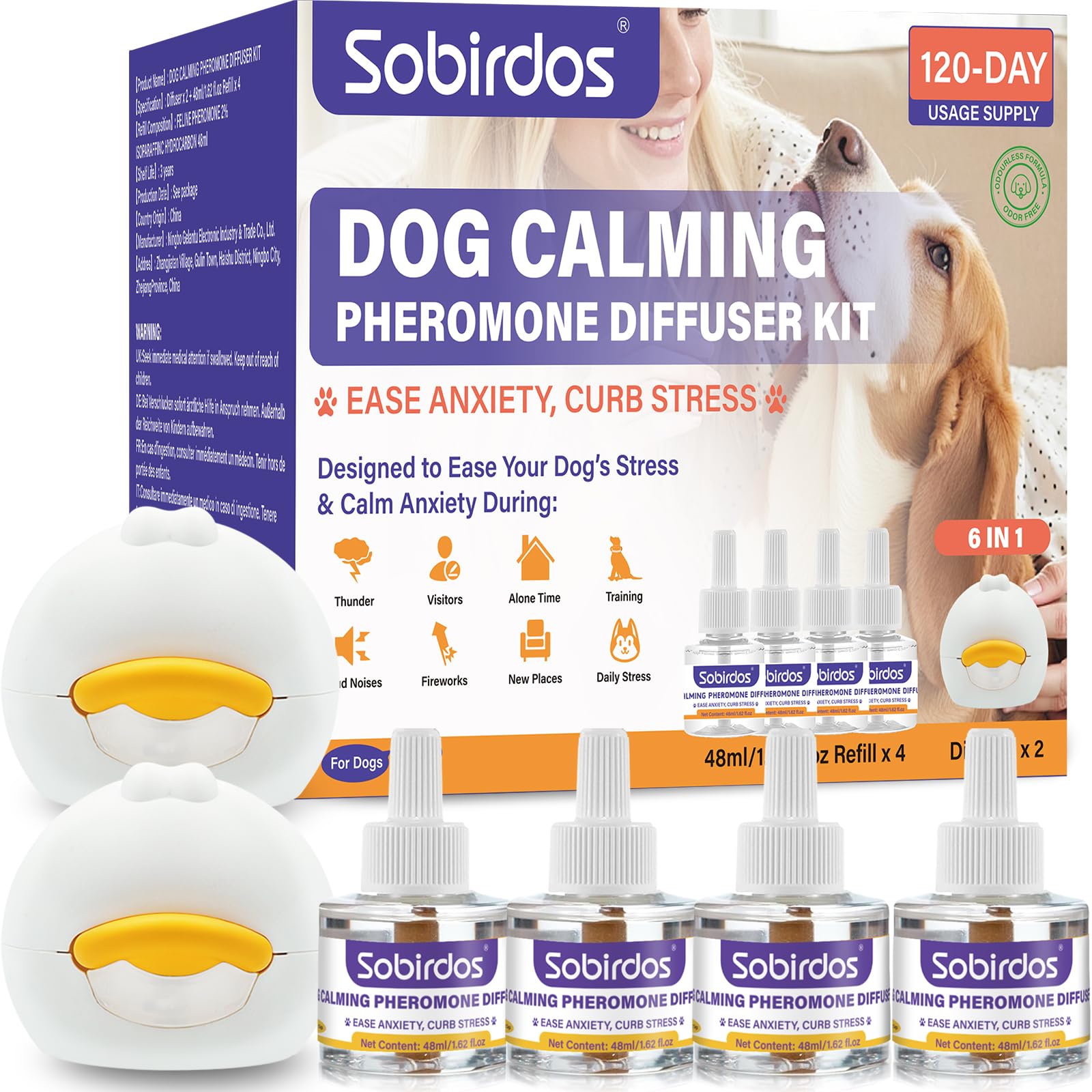 Kit Difusor de Feromonas Calmantes para Perros – 2 Difusores + 4 Recargas, Reduce la Ansiedad y el Estrés, Ideal para Tormentas, Viajes en Coche y Nuevos Entornos, Azul | Feromonas calmantes naturales Sin medicamentos, seguras para perros