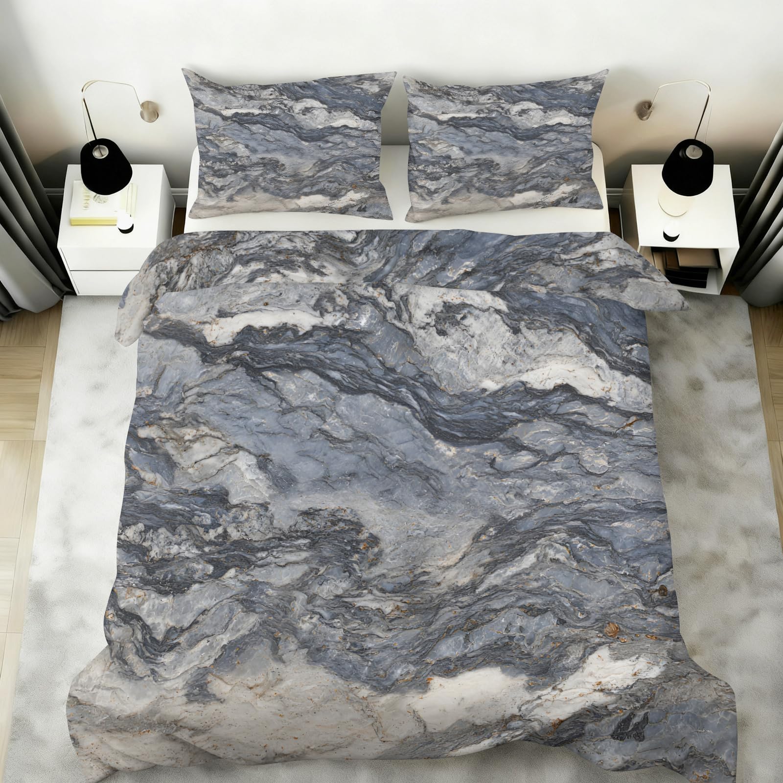 Abstract Marble Duvet Cover Double, Gray Granite Stone Marbled Bedding Bed Set, Realistic Marble Look Quilt Covers 200X200cm with Zipper & Ties, 2 Pillowcases
