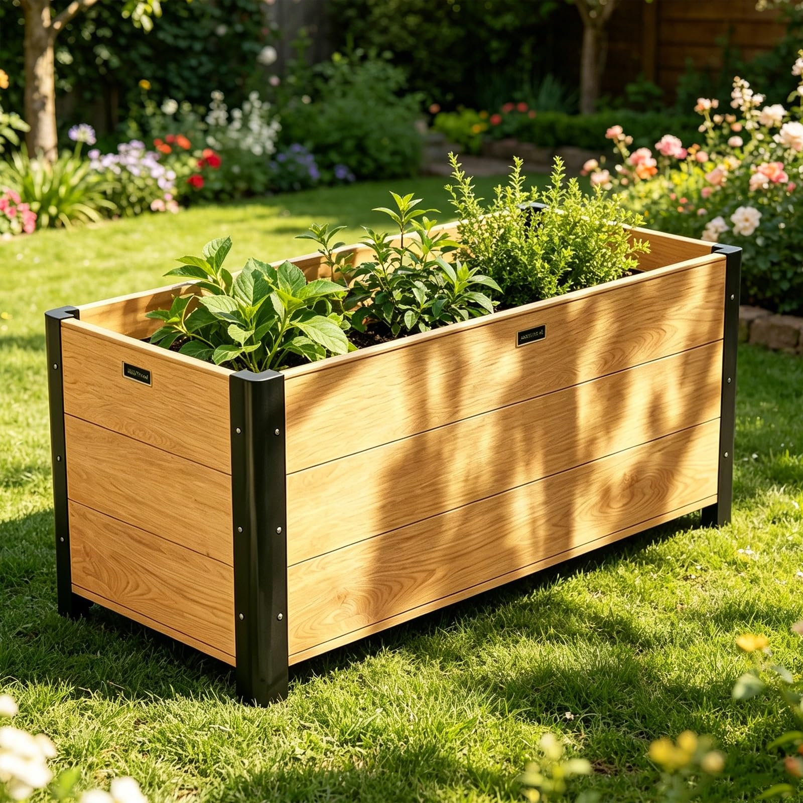 Macetero de aluminio resistente de grano de madera para patio de jardín