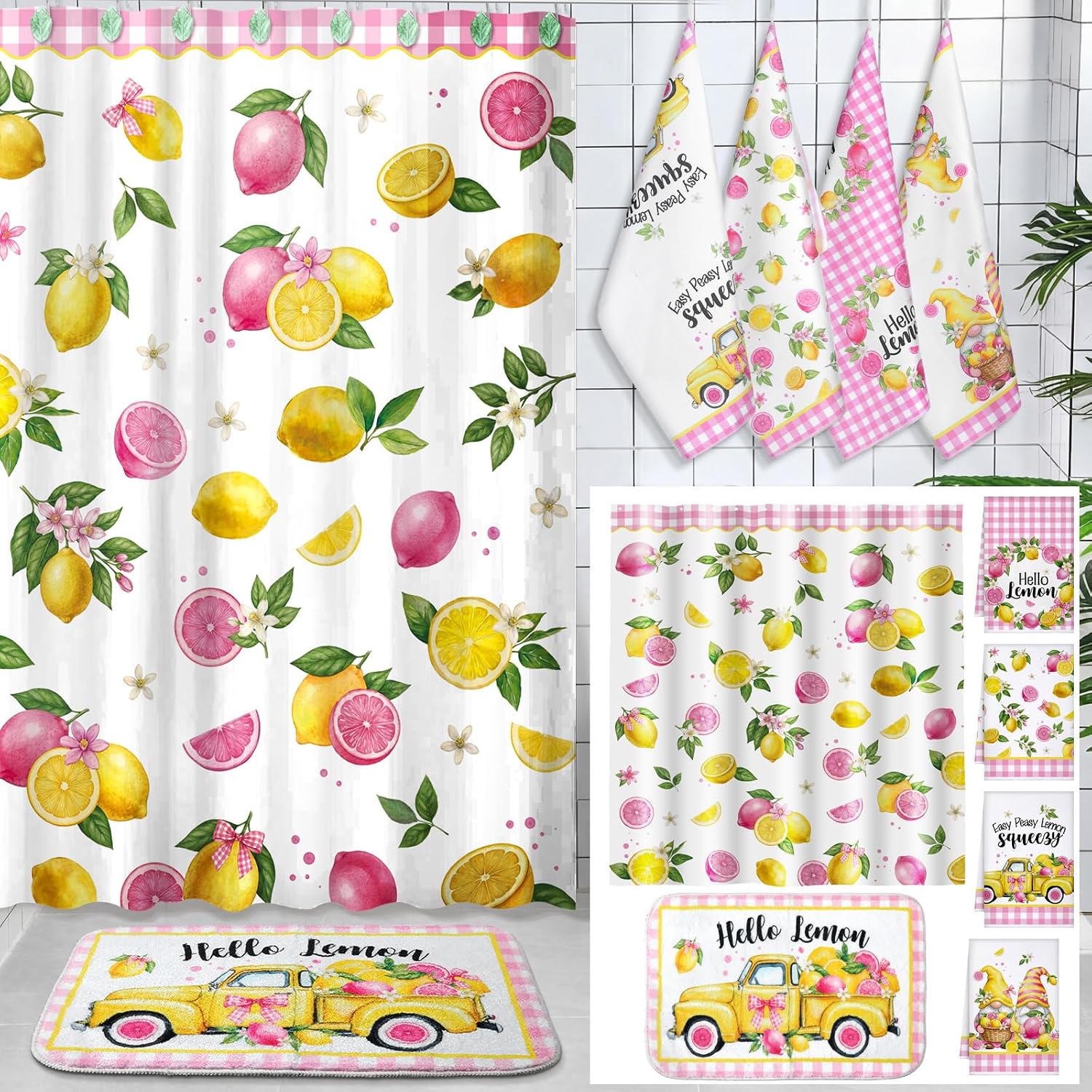 Fourluoo 18 Pcs Lemon Shower Curtain Set Citrus Fruits Bathroom Decor with 12 Decorative Shower Curtain Hooks Bathroom Towels Non Slip Absorbent Microfiber Rug Waterproof for Summer Gift