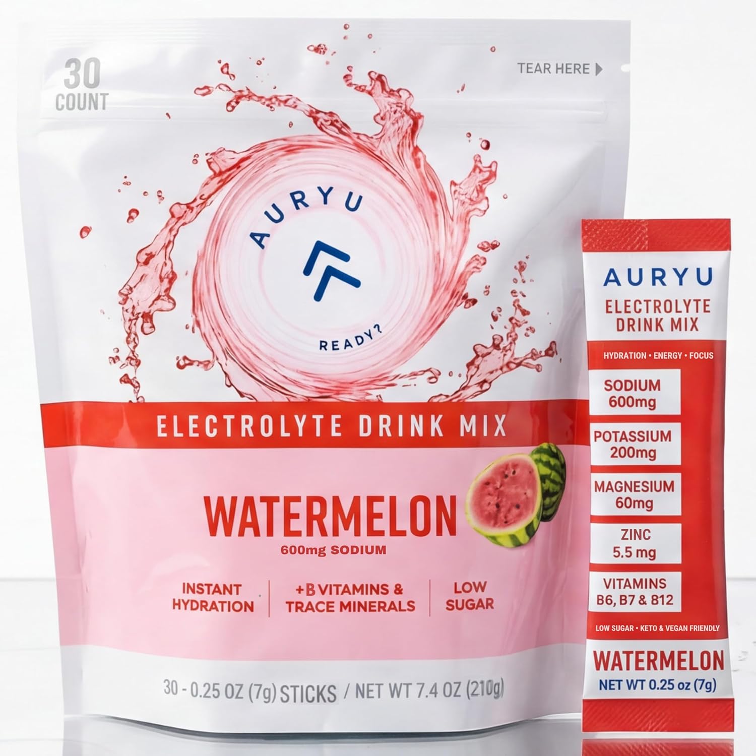 Electrolyte Drink Mix – Watermelon Flavor, 30 Stick Packs, B Vitamins & Essential Minerals, Sugar-Free Hydration Powder for Sports, Travel & Daily Wellness, 17oz
