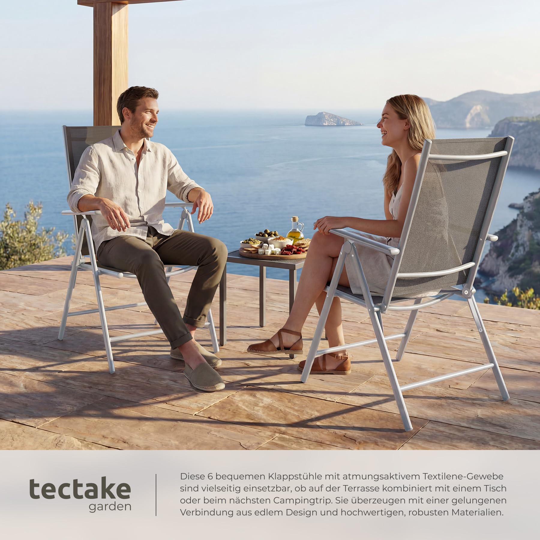 TecTake® 6er Set Gartenstuhl klappbar, 54,5 x 65 x 107,5 cm, 8-Fach verstellbare Rückenlehne, wetterfest, Textilene, Verstellbarer Hochlehner, Outdoorstuhl, Gartenmöbel, Klappsessel - Silber