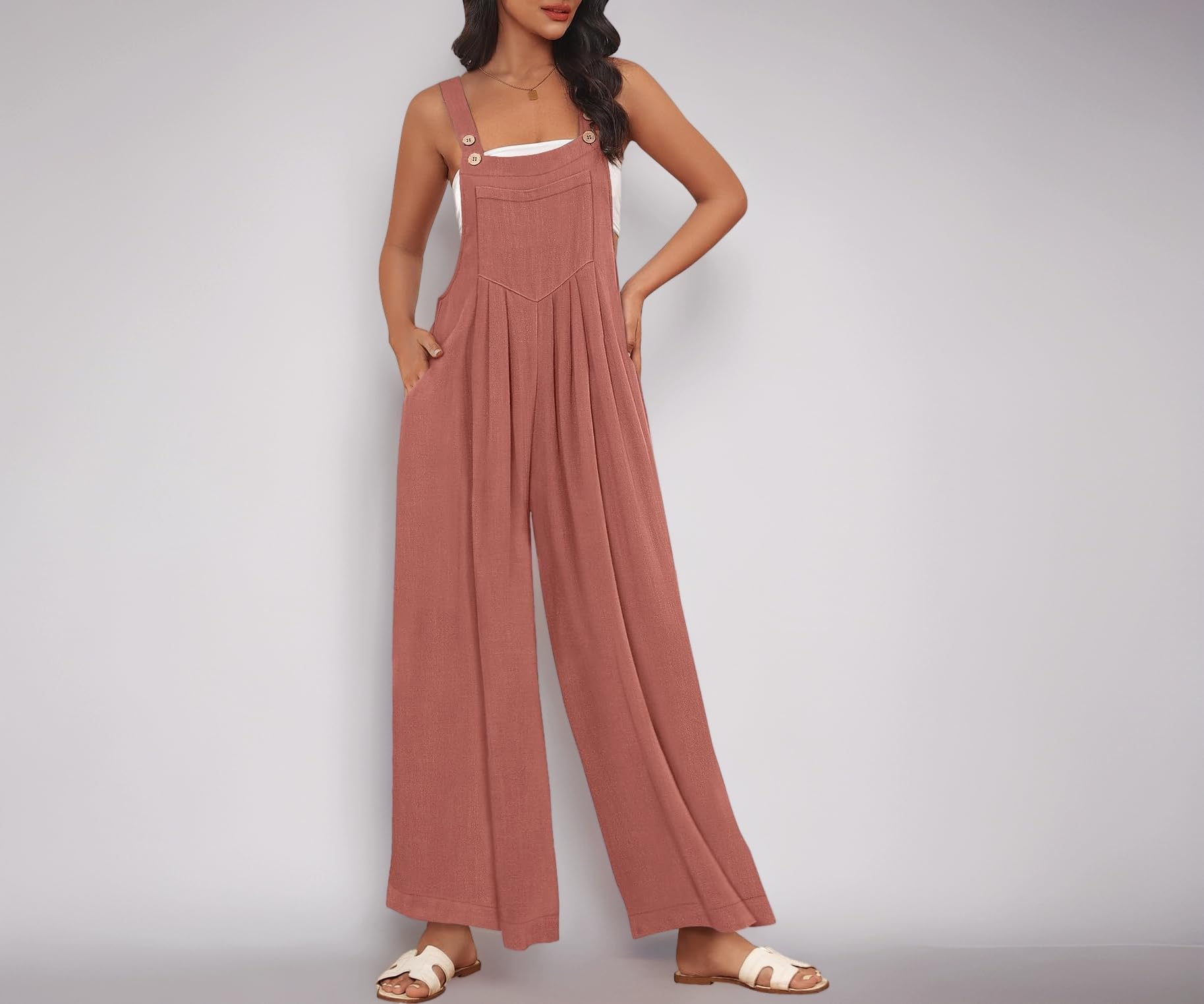 AUTOMET Womens Overalls Wide Leg Jumpsuits Casual Bib Summer Rompers Jumpers Loose Sleeveless Straps With Pockets Outfits, Rust, S