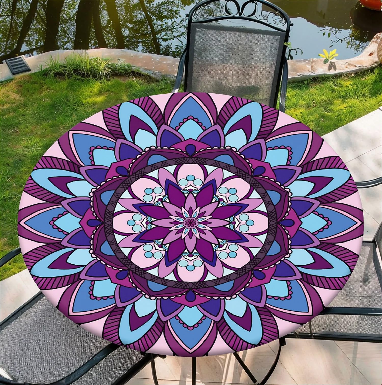 artslion Round Tablecloth Φ150cm/60in Wipe Clean Table Cloths with Elastic, Water-repellent Durable Scratch Resistant Table Cover Protector for Dining room, Balcony, Garden-Purple Mandala Bloom