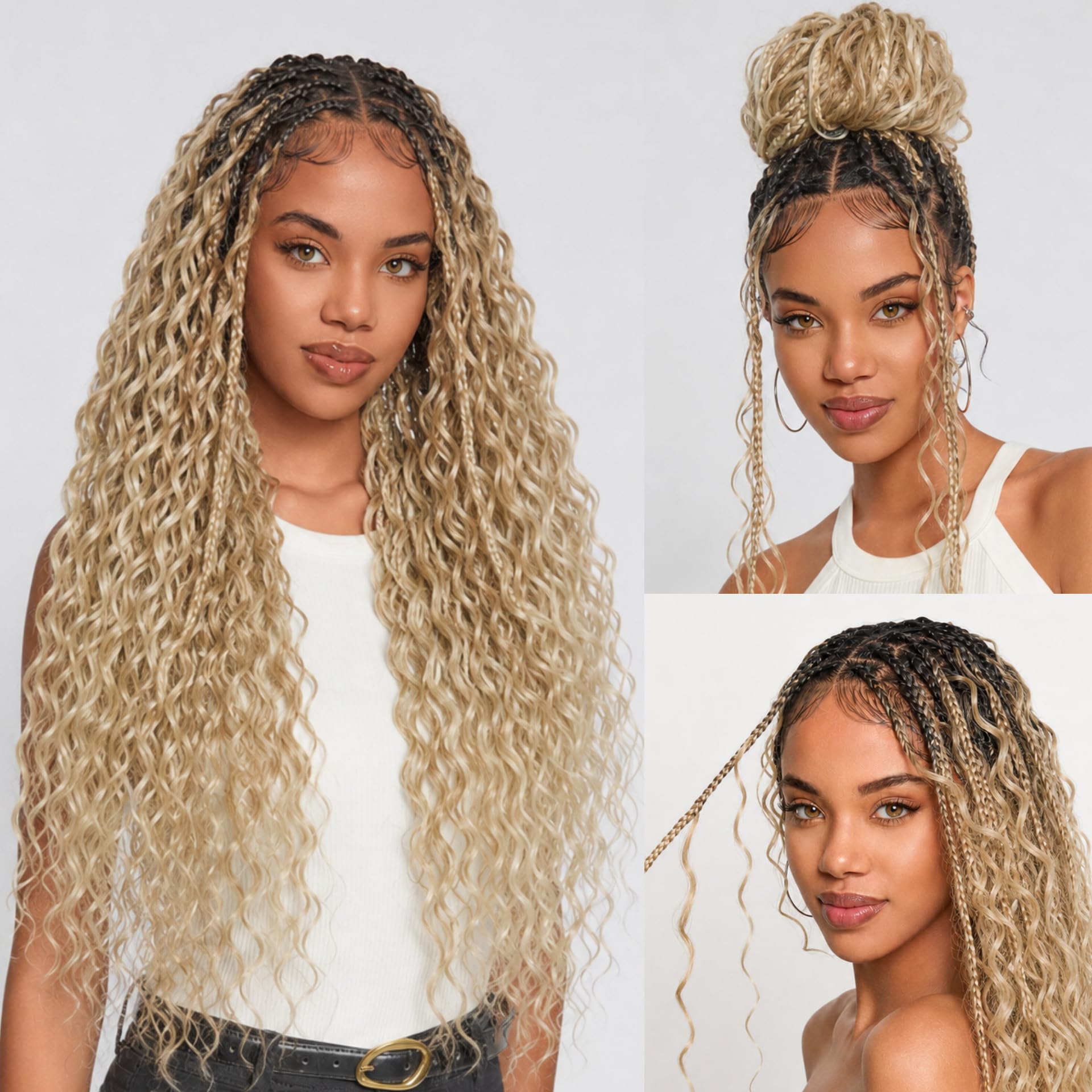 Frodio Braided Wig Veralux™ Fiber Full Lace Boho Curly Water Wave Synthetic Box Braided Wigs For Black Women Salon-Level 200% Density Bohemia Natural Scalp Pre-Cut Lace 30 Inches Blonde Ombre Color