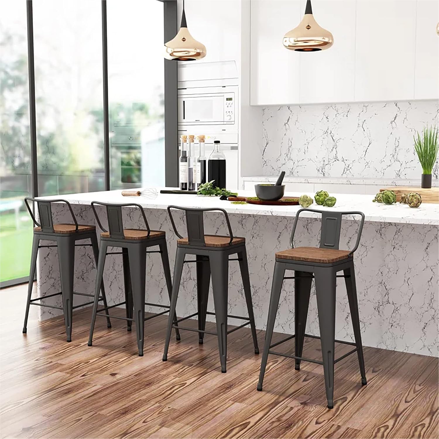 MAISON ARTS Metal Bar Stools Set of 4, 24" Seat Height Barstools with Removable Low Backrest, Black