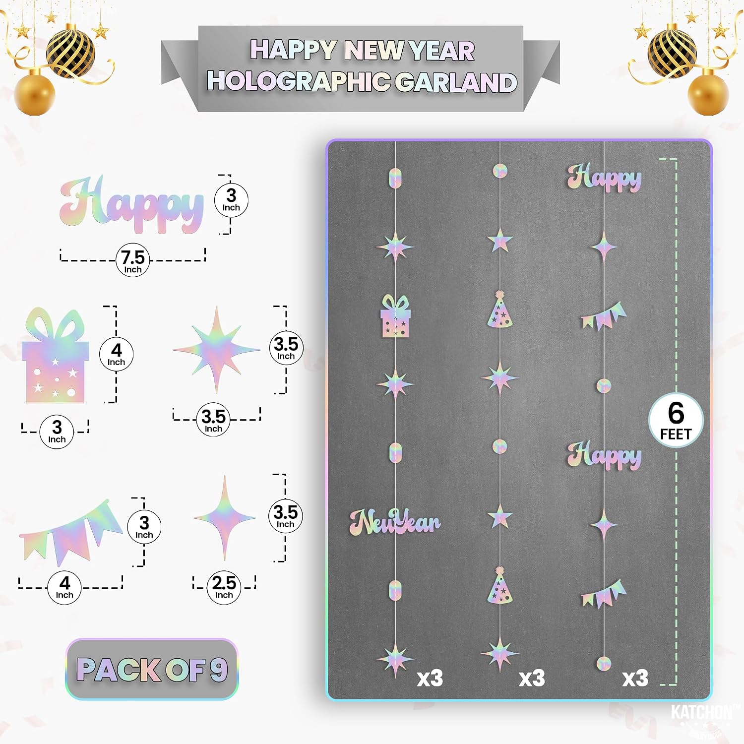 KatchOn, Iridescent New Years Garland- 6.5 Feet, 9 Strings No DIY | Happy New Year Banner Holographic Happy New Years Decorations 2026 | Happy New Year Backdrop, Nye Party Decorations 2026