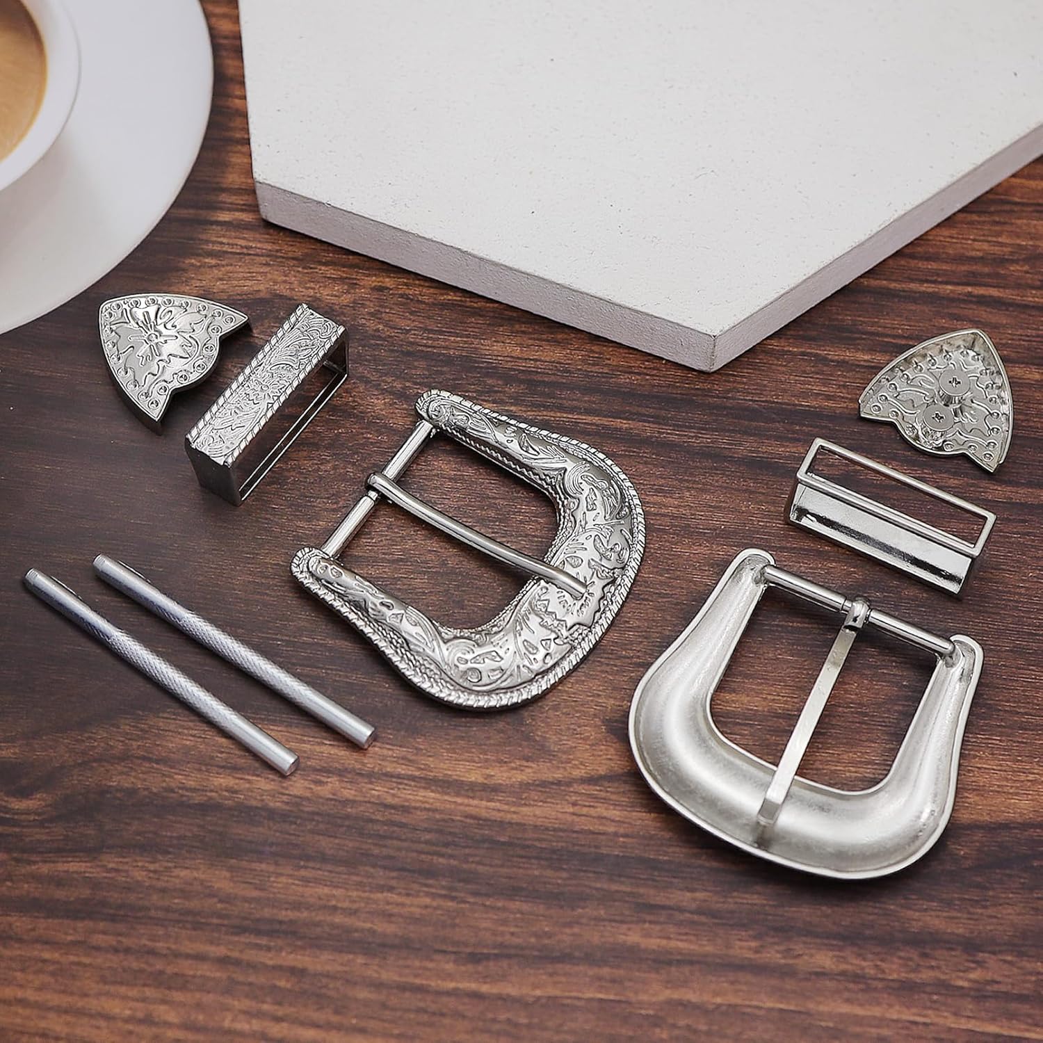 QuneusHot 6 Pieces Cowboy Replacement Belt Buckle Set 1.5"(38mm) Strap Western Floral Engraved Silver Buckles for Men Women - Image 5